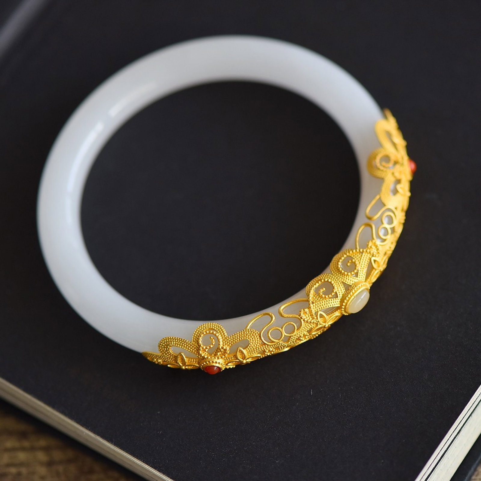 An Exquisite Sterling Silver-Gold Plated Inlaid White Jade Bracelets - 2