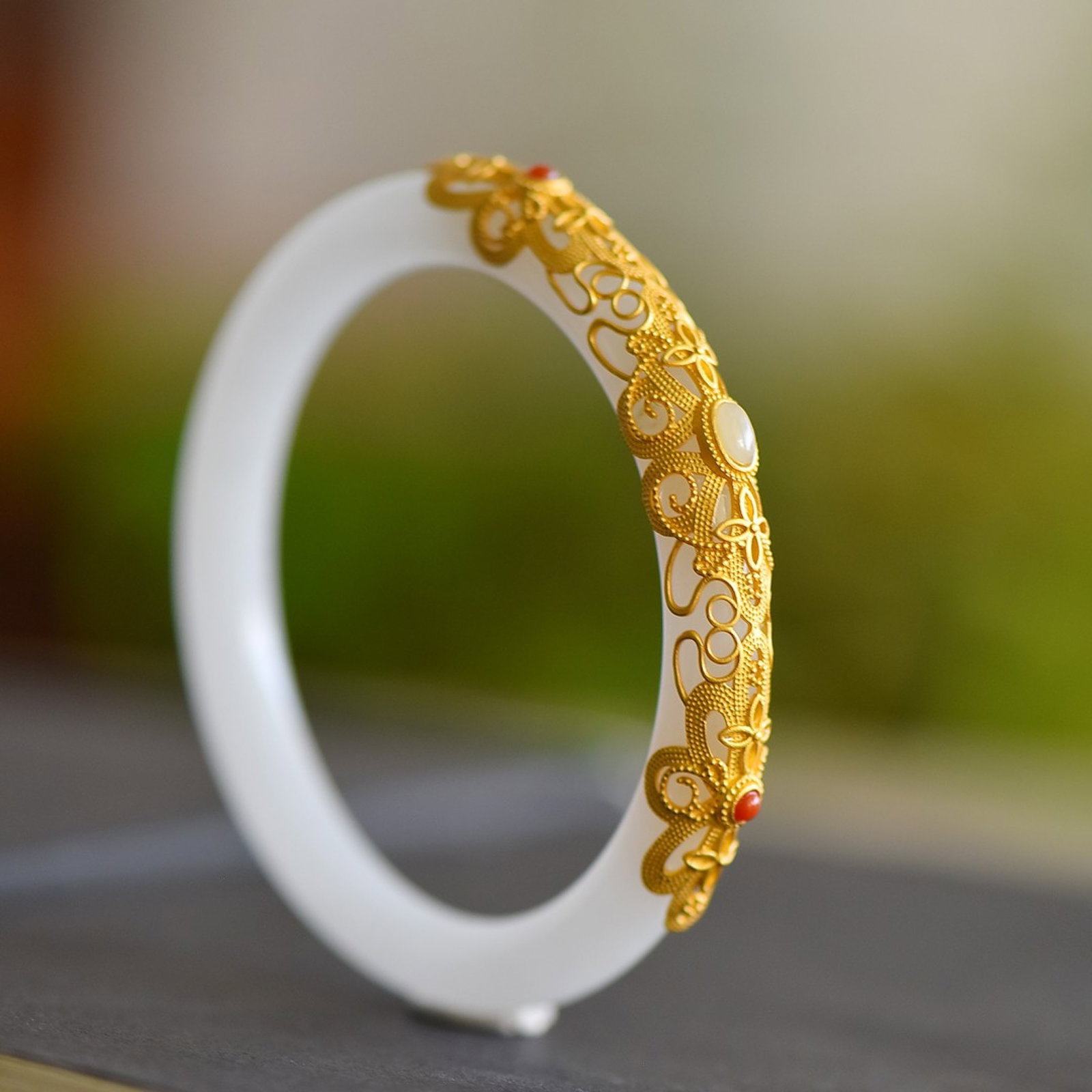 An Exquisite Sterling Silver-Gold Plated Inlaid White Jade Bracelets - 4