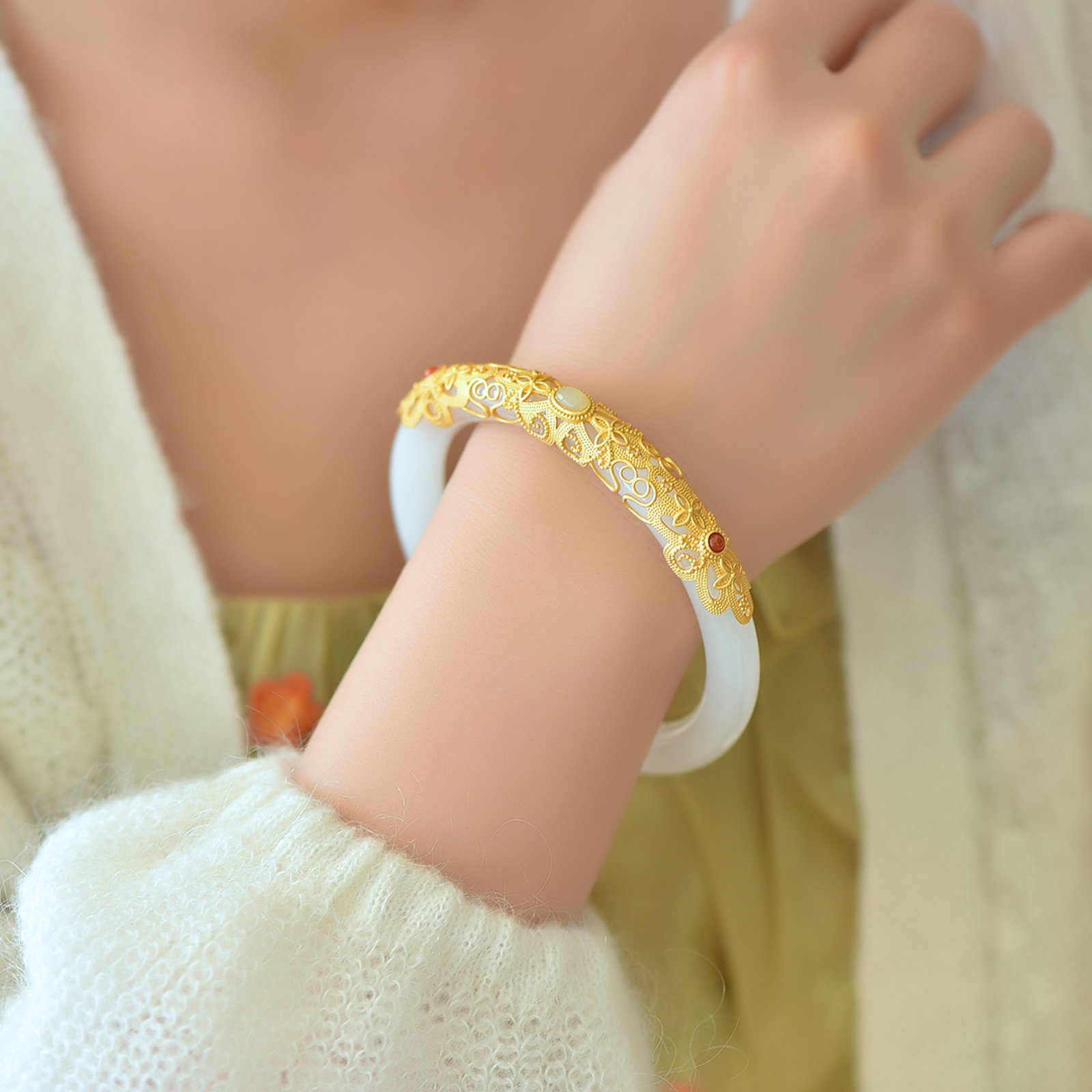 An Exquisite Sterling Silver-Gold Plated Inlaid White Jade Bracelets - 6