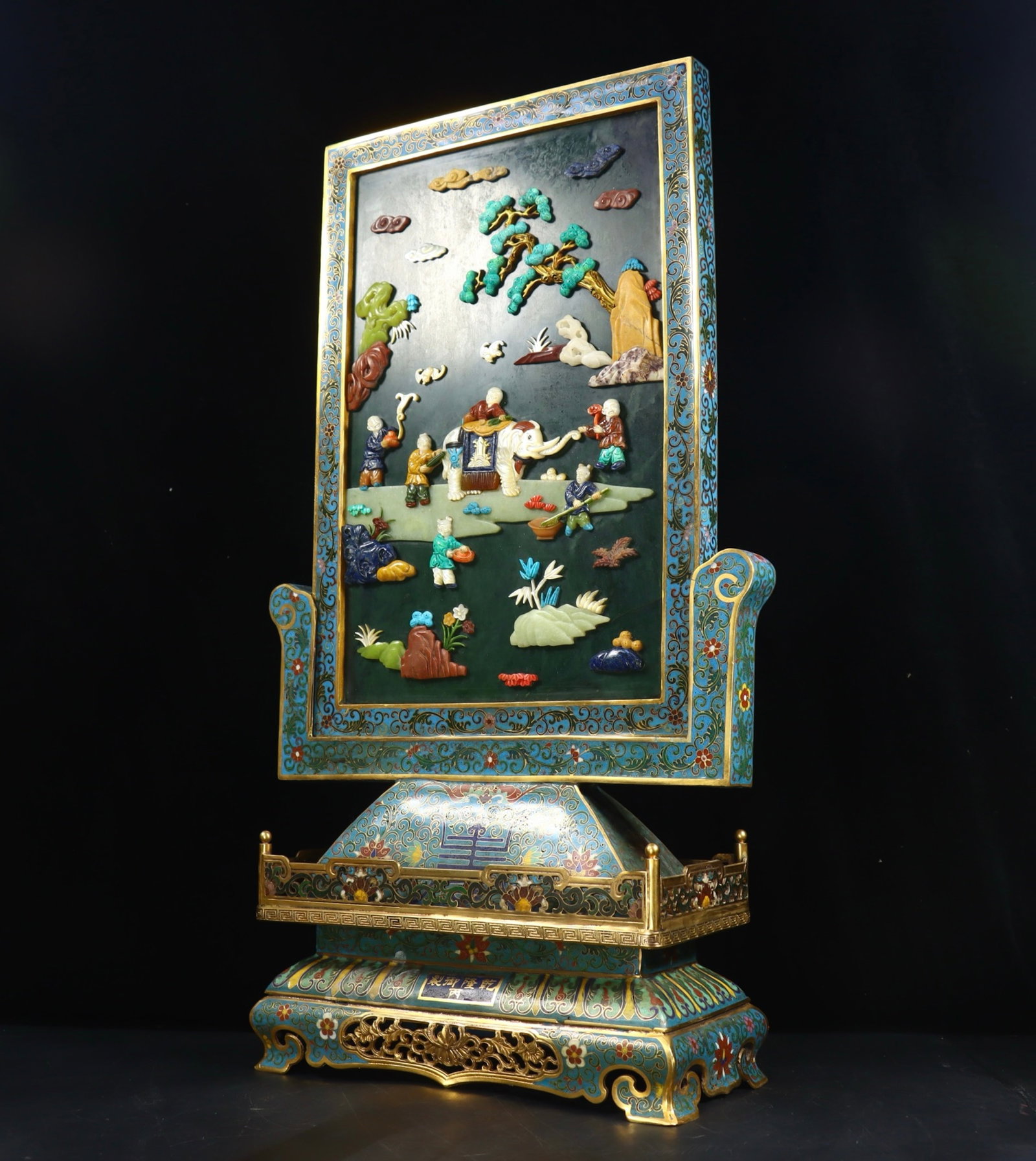 A Huge Cloisonne Inlaid Jasper Character and Story Pattern Table Screen,Inlaid Gems,With Poem - 4