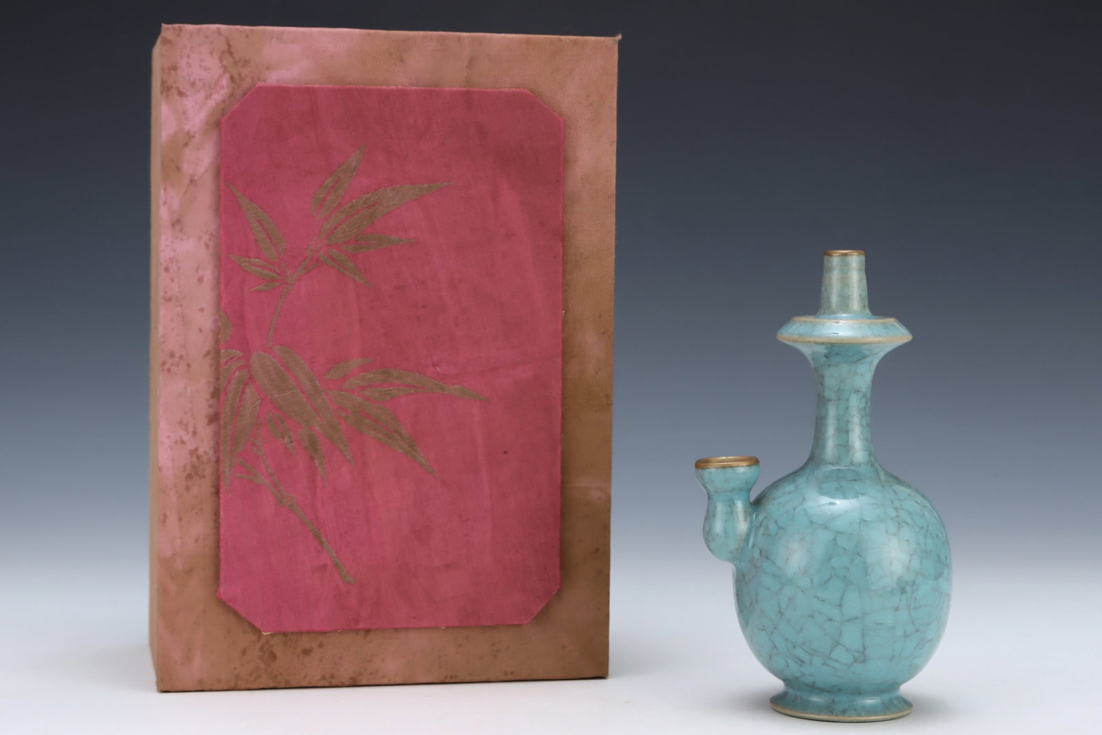 An Exquisite Ru yao Sky Blue Glazed Cover with Gold Vase: Estimated Value:1200-2400 An Exquisite Ru yao Sky Blue Glazed Cover with Gold Vase,Song Dynasty,China,Royal Court Mark,Size:6.2inx3.3in