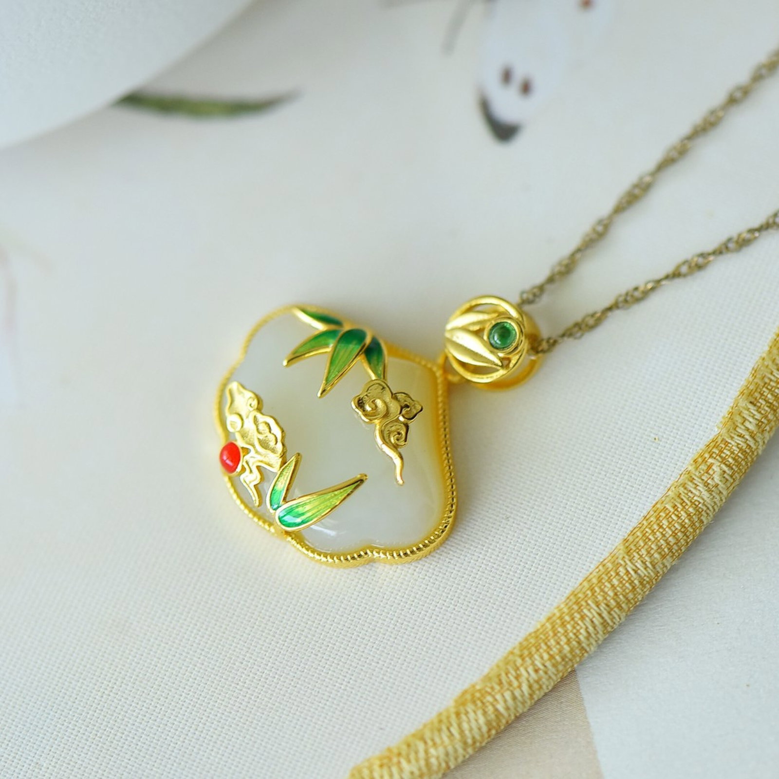 An Exquisite Sterling Silver-Gold Plated Inlaid White Jade Pendant - 3