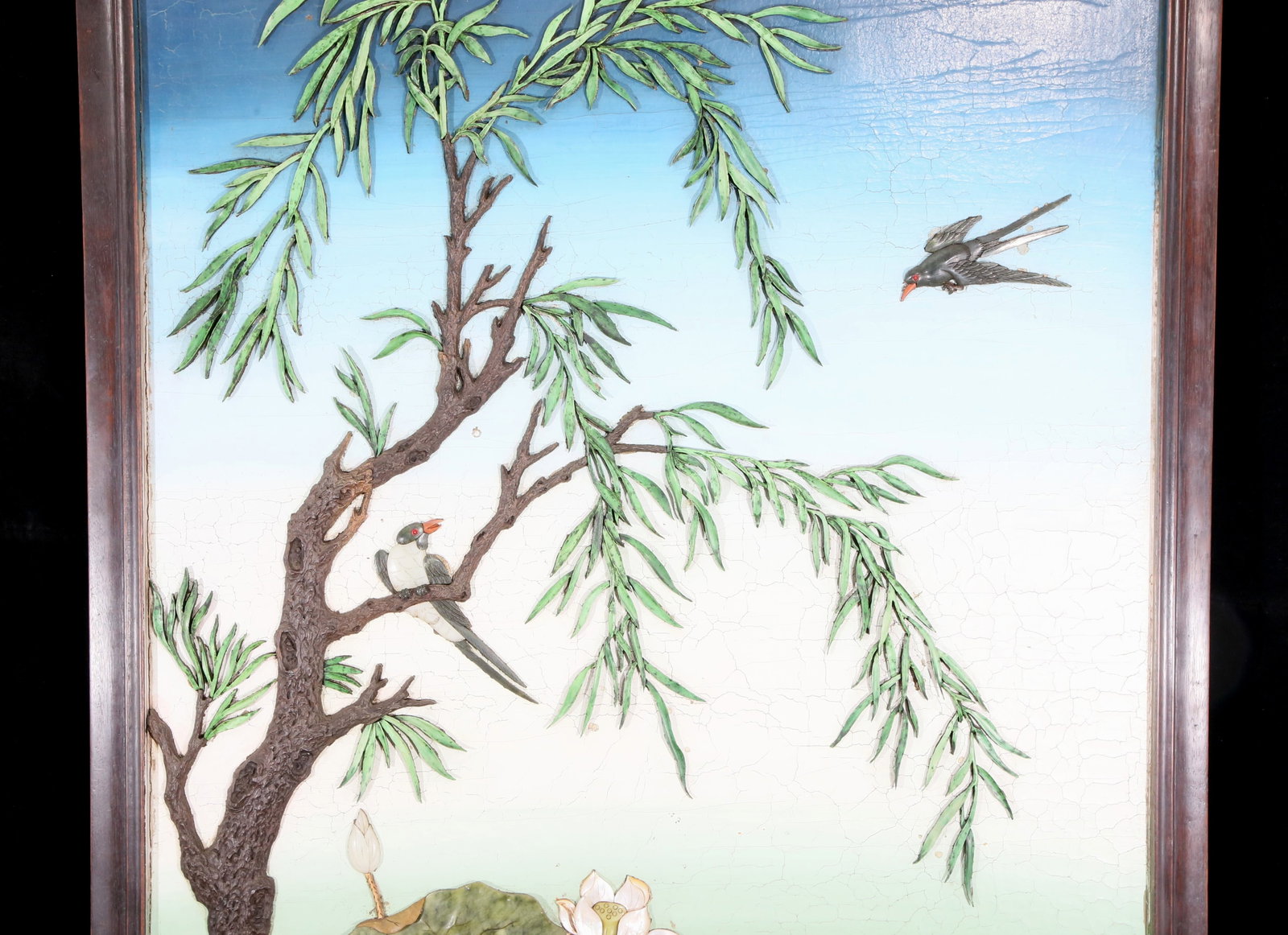 An exquisite zitanwood painted and painted hanging screen with inlaid gems and landscapes, flower... - 3