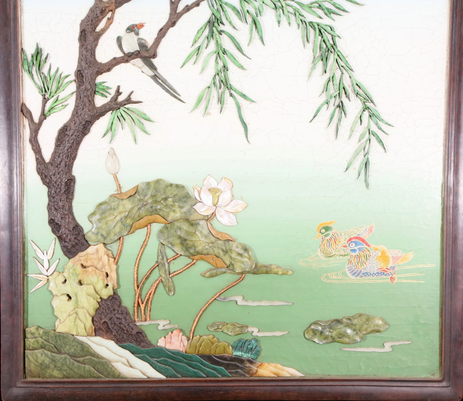 An exquisite zitanwood painted and painted hanging screen with inlaid gems and landscapes, flower... - 4