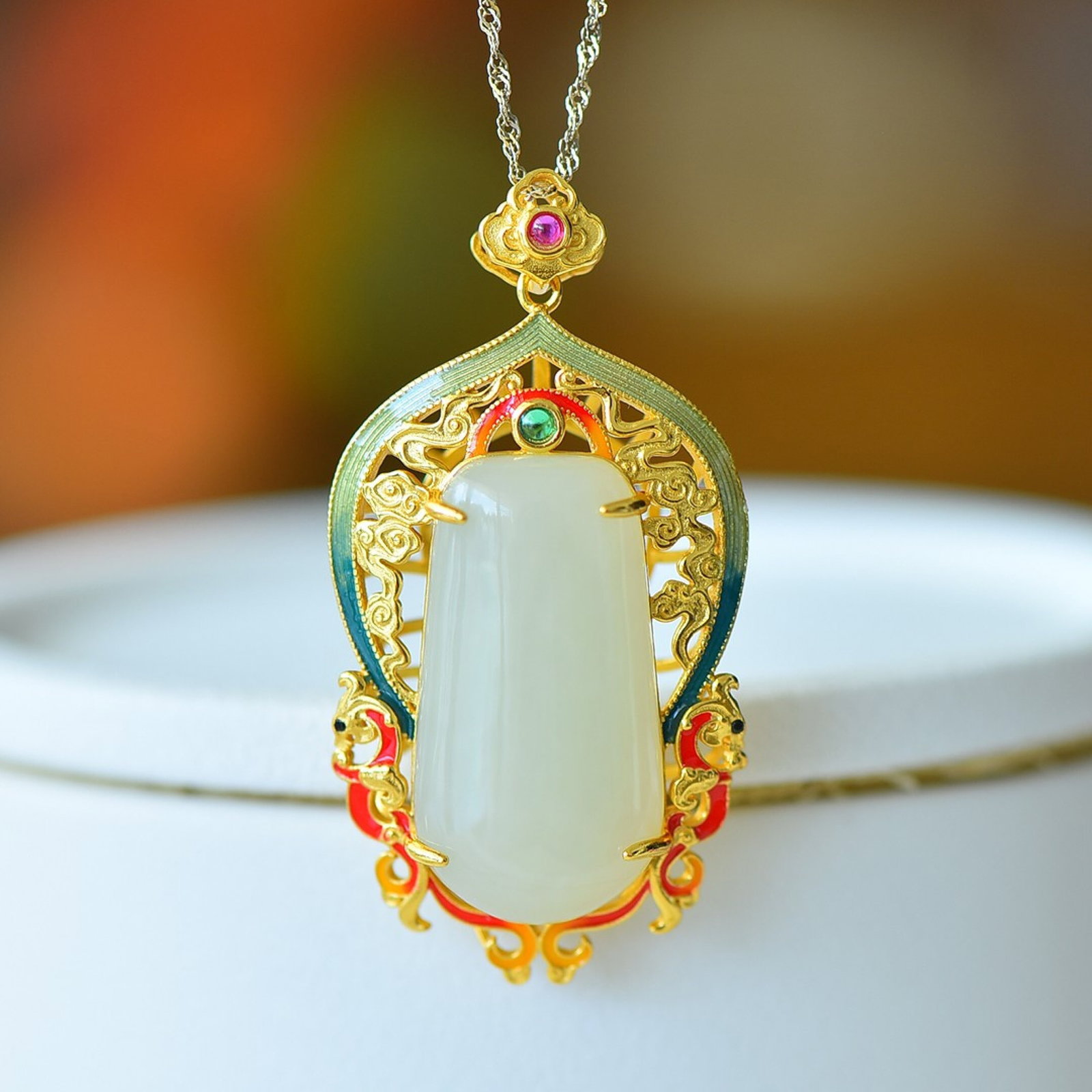 An Exquisite Sterling Silver-Gold Plated Inlaid White Jade Pendant - 2
