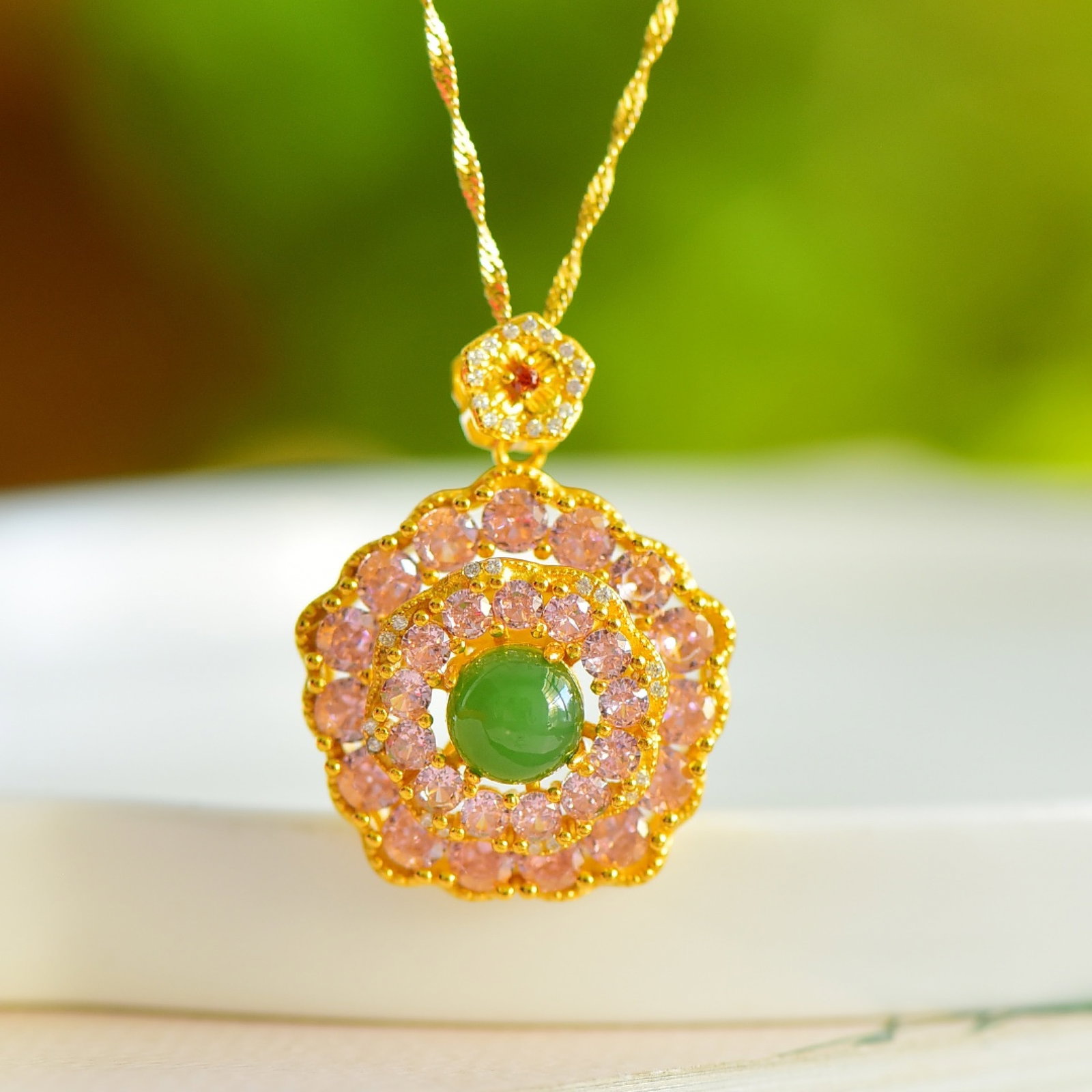 An Exquisite Sterling Silver-Gold Plated Inlaid Jasper Pendant,Inlaid Diamond - 4
