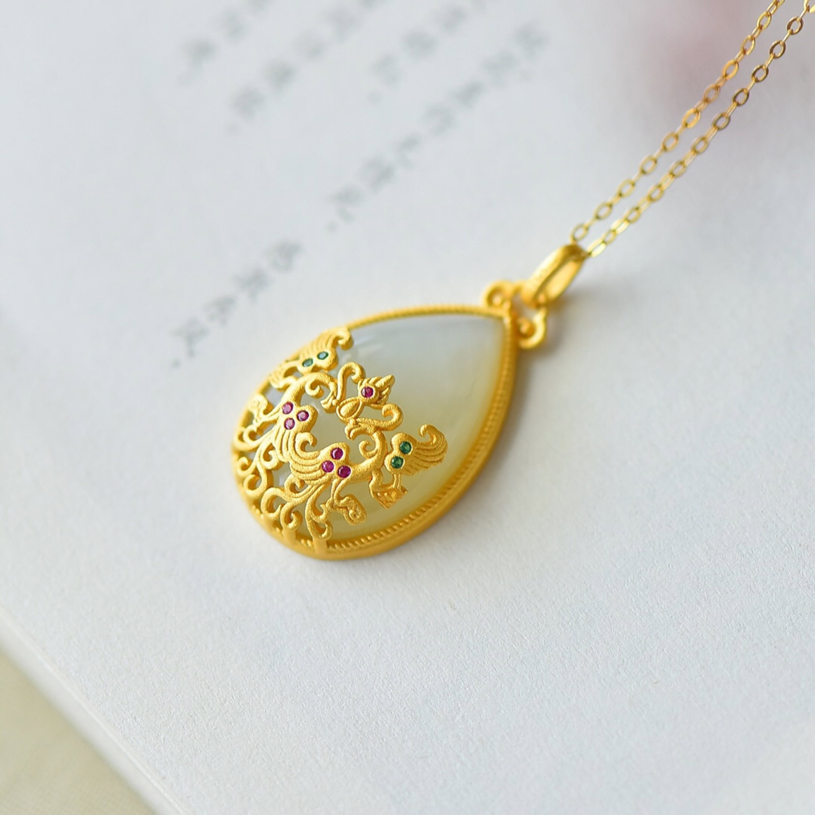 An Exquisite Sterling Silver-Gold Plated Inlaid White Jade Pendant,Inlaid Diamond - 4