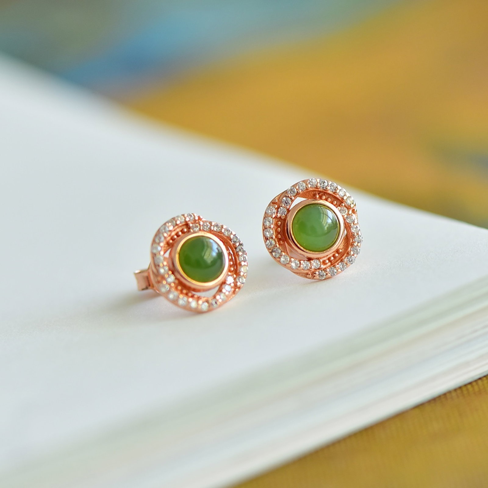 A Pair of Exquisite Sterling Silver-Gold Plated Inlaid Jasper Earrings,Inlaid Diamond - 4