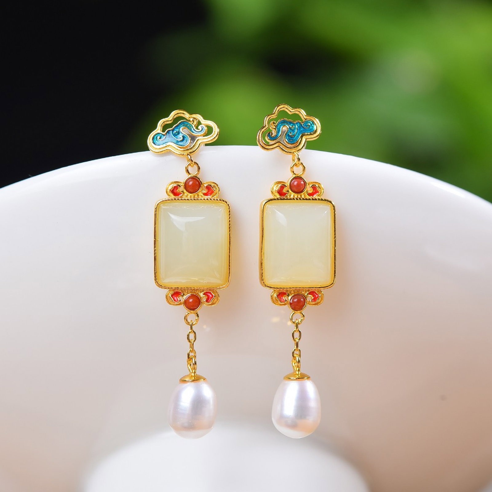 A Pair of Exquisite Sterling Silver-Gold Plated Inlaid White Jade Enamel Earrings,Inlaid Pearls - 2