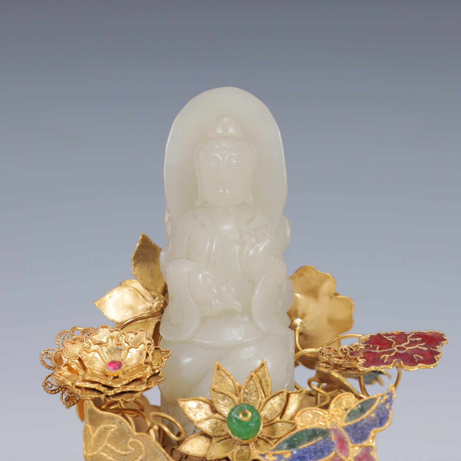 An Exquisite Filigree and Gilding Inlaid White Jade Statue of Avalokitesvara,Inlaid Gems - 2