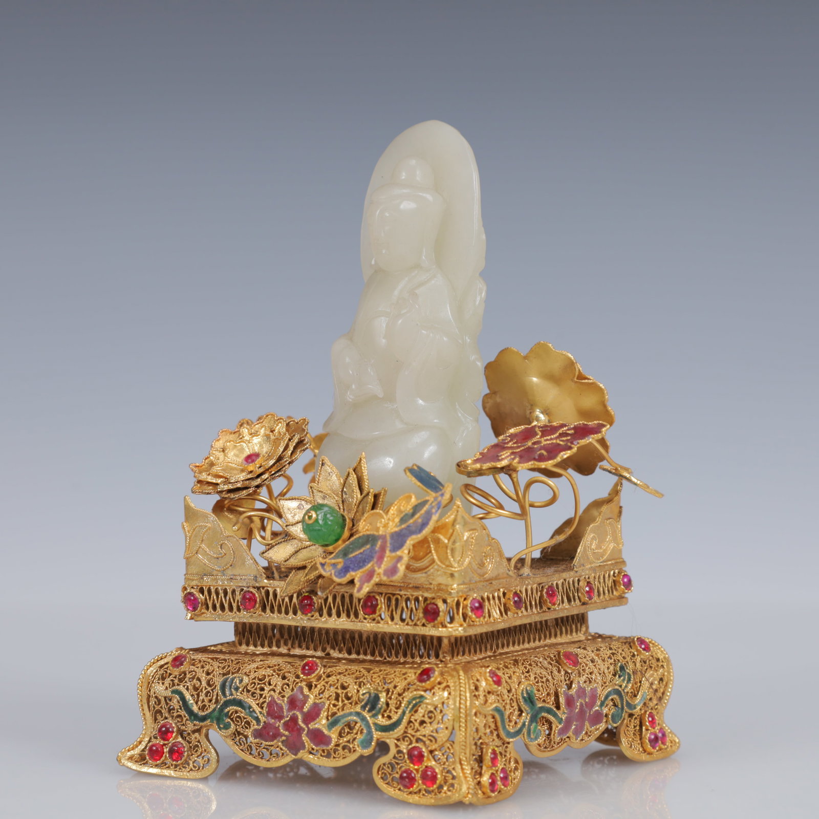 An Exquisite Filigree and Gilding Inlaid White Jade Statue of Avalokitesvara,Inlaid Gems - 3