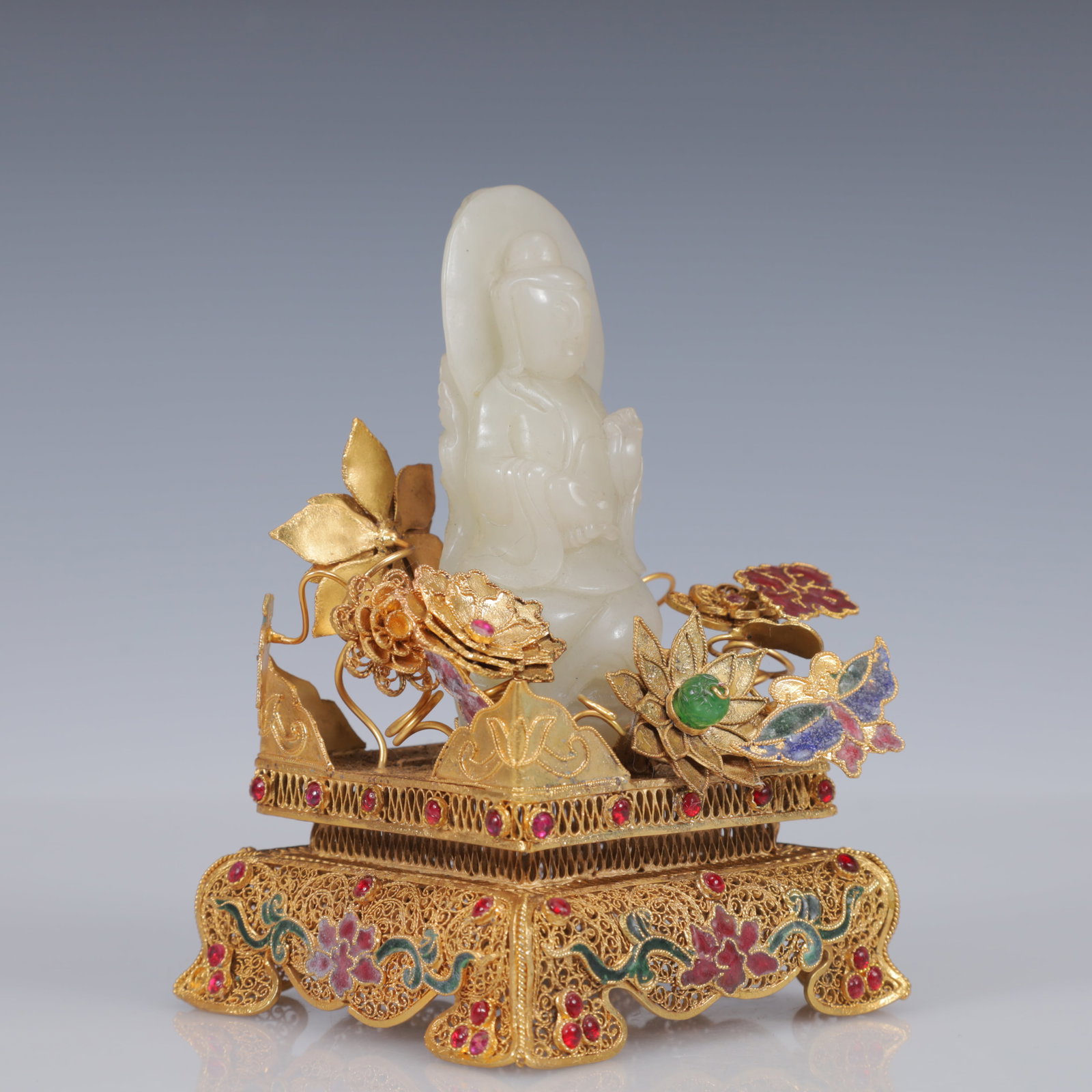 An Exquisite Filigree and Gilding Inlaid White Jade Statue of Avalokitesvara,Inlaid Gems - 4