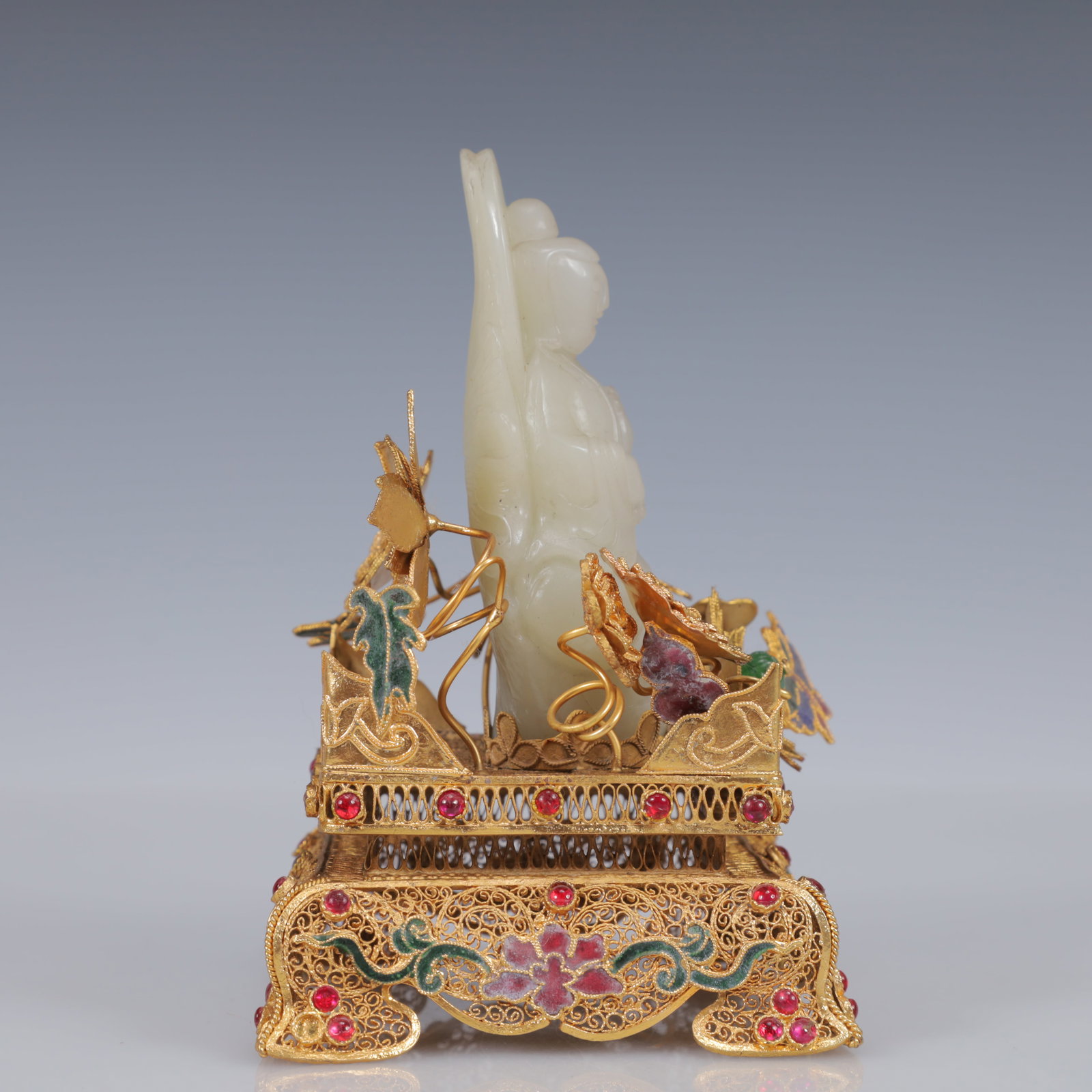 An Exquisite Filigree and Gilding Inlaid White Jade Statue of Avalokitesvara,Inlaid Gems - 5