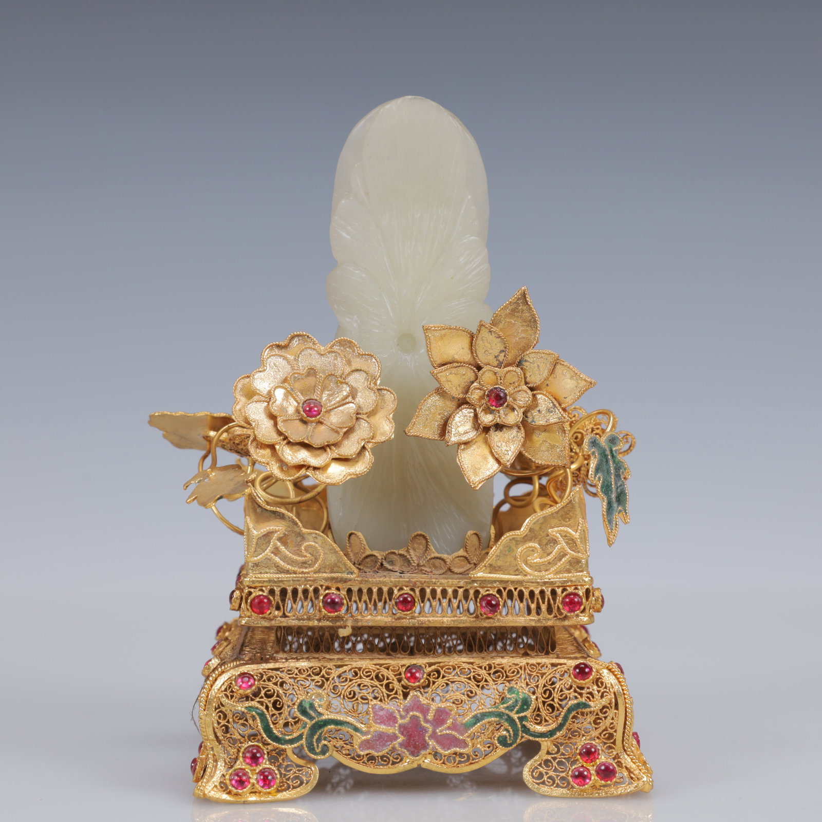 An Exquisite Filigree and Gilding Inlaid White Jade Statue of Avalokitesvara,Inlaid Gems - 6