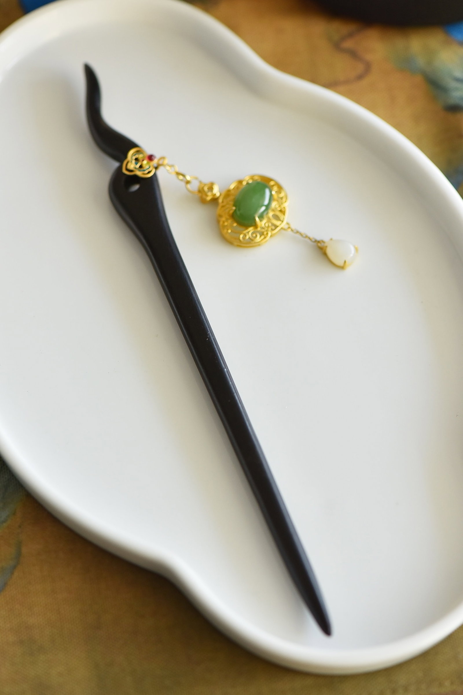 An Exquisite Sterling Silver-Gold Plated Inlaid White Jade Ebony Hairpin - 4