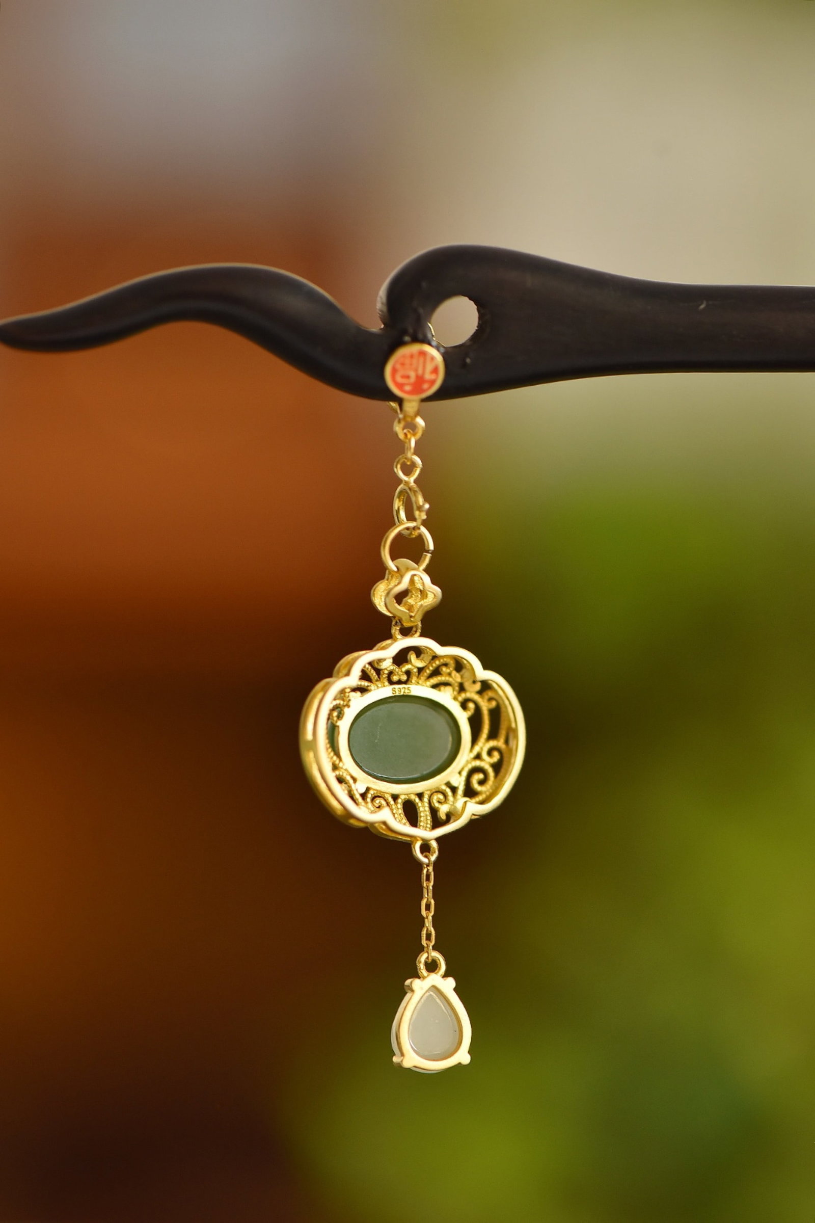 An Exquisite Sterling Silver-Gold Plated Inlaid White Jade Ebony Hairpin - 5