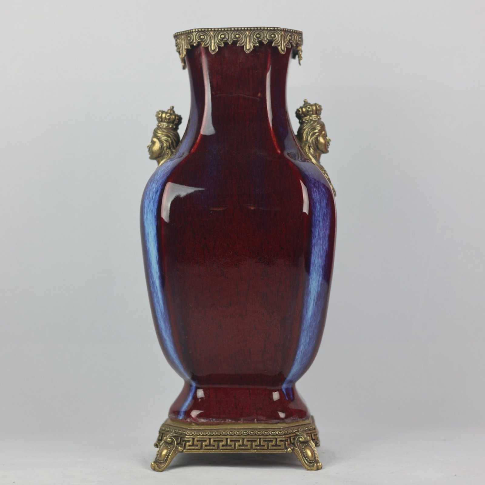 A Huge Flambe Glazed Inlaid Bronze Double-Ears Vase: A Huge Flambe Glazed Inlaid Bronze Double-Ears Vase,Qing Dynasty,China,Yongzheng Six-character Mark,Size:17.3inx7.9in 窑变釉镶铜双耳瓶,中国&