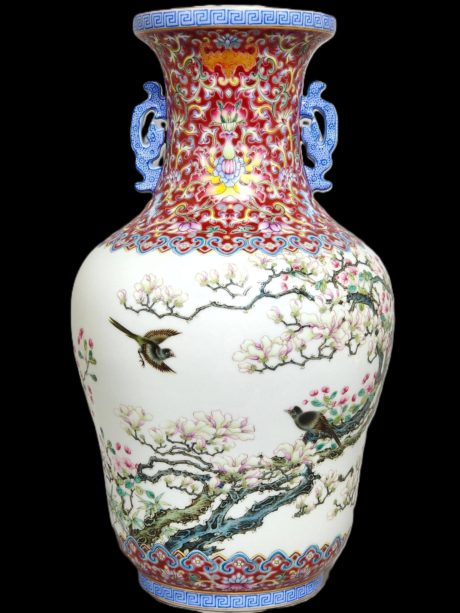 A Rare Ruby Red-Glazed Famille-Rose Flower and Bird Pattern Double-Ears Vase,with poem: A Rare Ruby Red-Glazed Famille-Rose Flower and Bird Pattern Double-Ears Vase,with poem,Qing Dynasty,China,Qianlong Six-character Mark,Size:12.8inx6.7in 胭脂红粉彩花