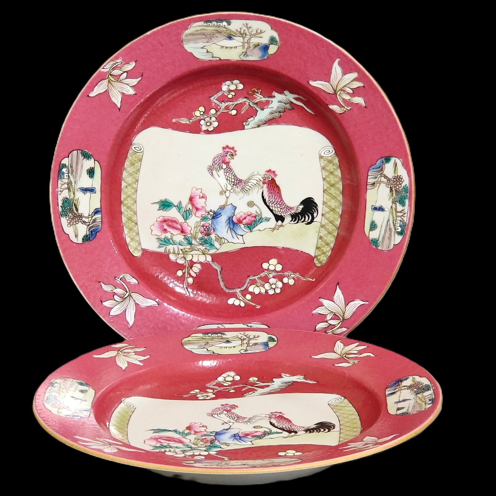 A Pair of Exquisite Ruby Red-Glazed Flower and Rooster Pattern Plates (1 of 9)