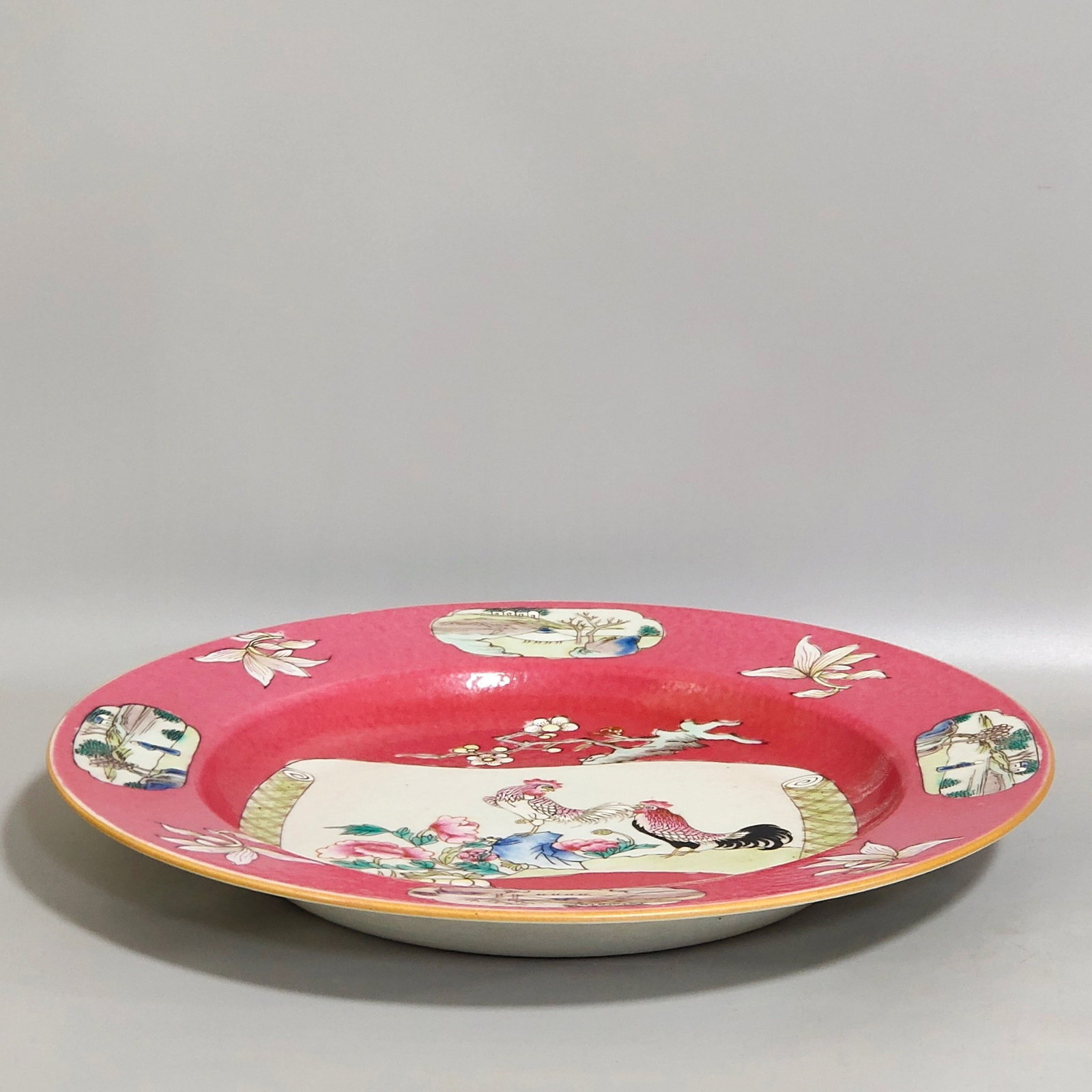 A Pair of Exquisite Ruby Red-Glazed Flower and Rooster Pattern Plates - 2
