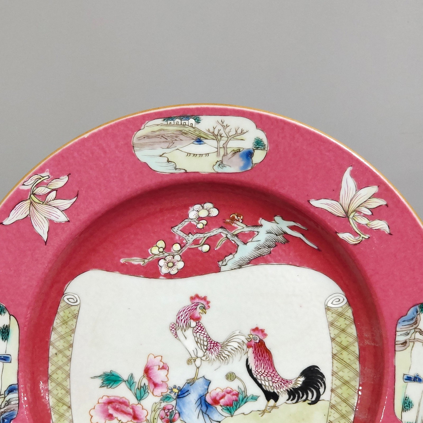 A Pair of Exquisite Ruby Red-Glazed Flower and Rooster Pattern Plates - 5