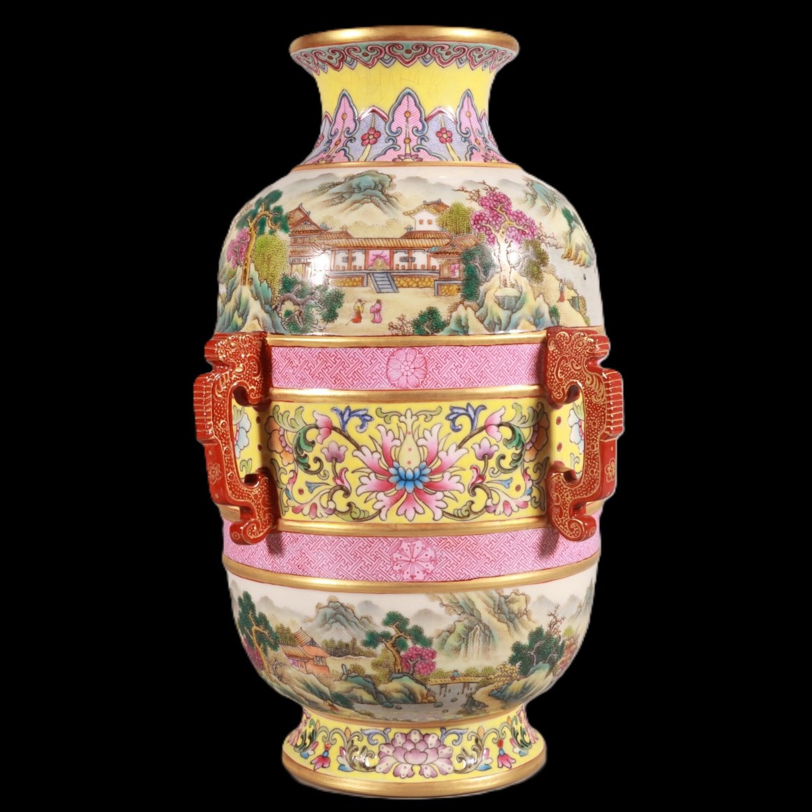 An Exquisite Enamel Yellow Ground Landscape and Figure Pattern Vase,with poem: An Exquisite Enamel Yellow Ground Landscape and Figure Pattern Vase,with poem,Qing Dynasty,China,Qianlong Four-character Mark,Size:10.1inx5.9in 珐琅彩黄地山水