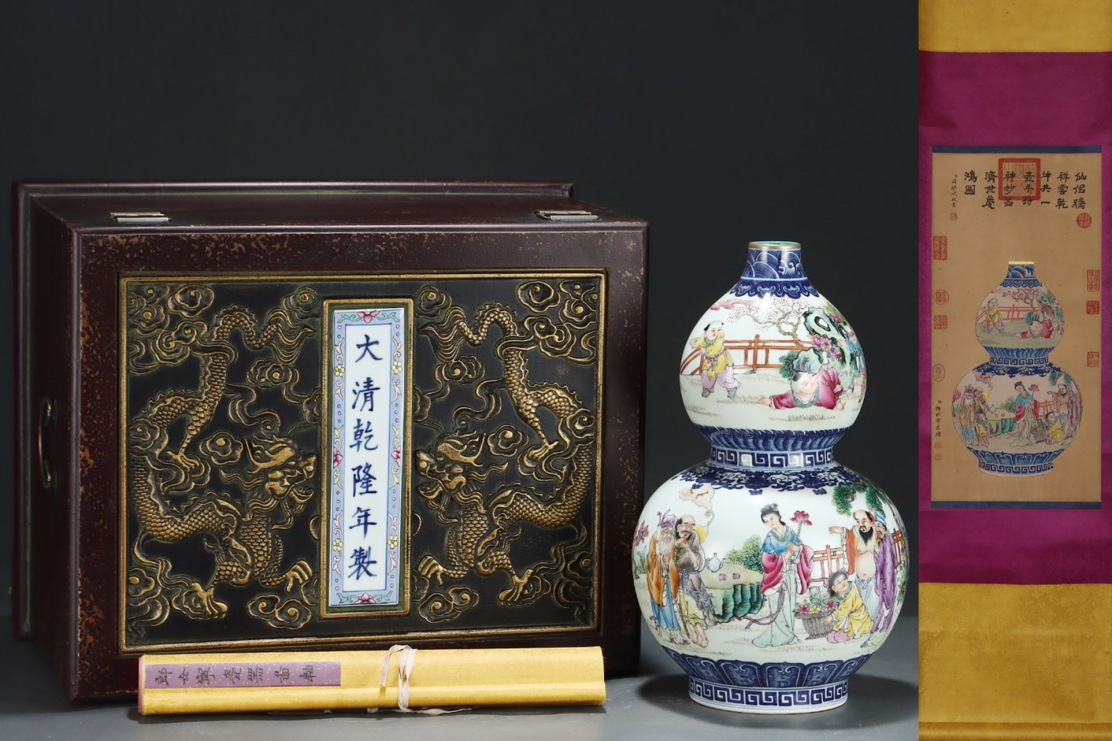 A Huge Blue and White Famille-Rose Character and Story Pattern Gourd-Shaped Vase,with poem,with: A Huge Blue and White Famille-Rose Character and Story Pattern Gourd-Shaped Vase,with poem,with Chinese Vertical Scroll Ink Painting on Silk,Qing Dynasty,China,Qianlong Six-character