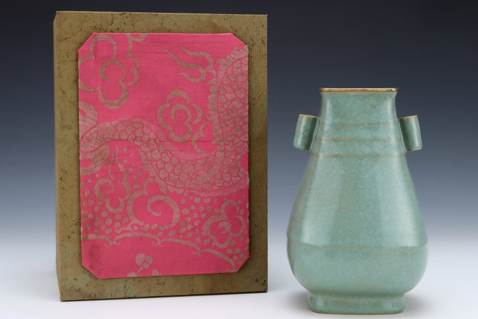 An Exquisite Ru yao Sky Blue Glazed Double-Ears Vase,with an Imperial Poem by Emperor Qianlong: An Exquisite Ru yao Sky Blue Glazed Double-Ears Vase,with an Imperial Poem by Emperor Qianlong,Song Dynasty,China,Size:8inx5.1in
