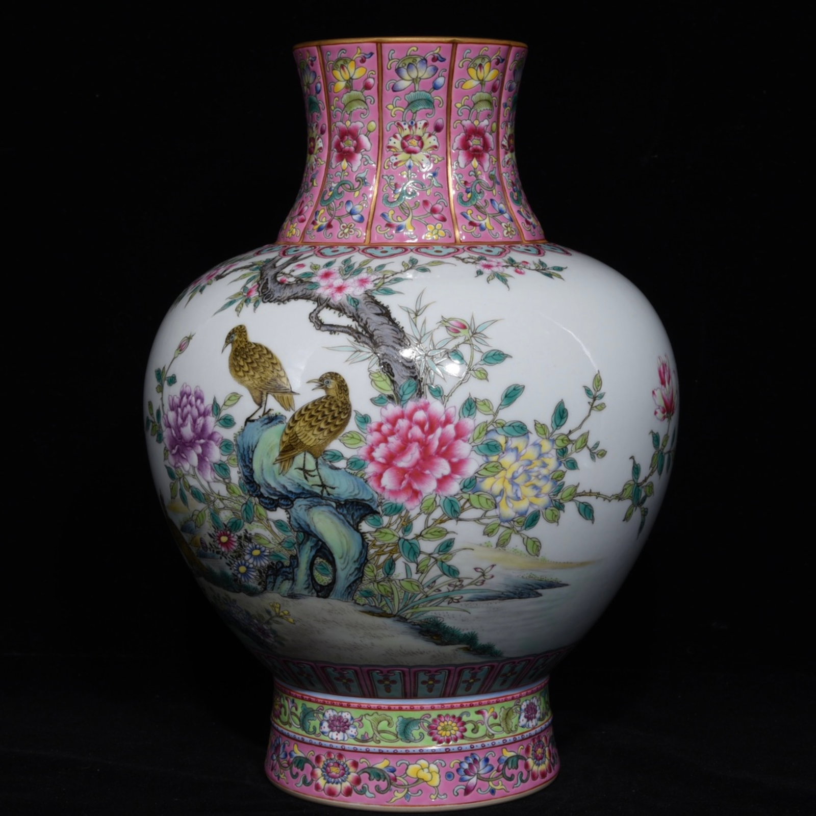 An Exquisite Ruby Red-Glazed Famille-Rose Flower and Bird Pattern Vase,with poem: An Exquisite Ruby Red-Glazed Famille-Rose Flower and Bird Pattern Vase,with poem,Qing Dynasty,China,Qianlong Six-character Mark,Size:11.2inx8.1in 胭脂红粉彩花࿏