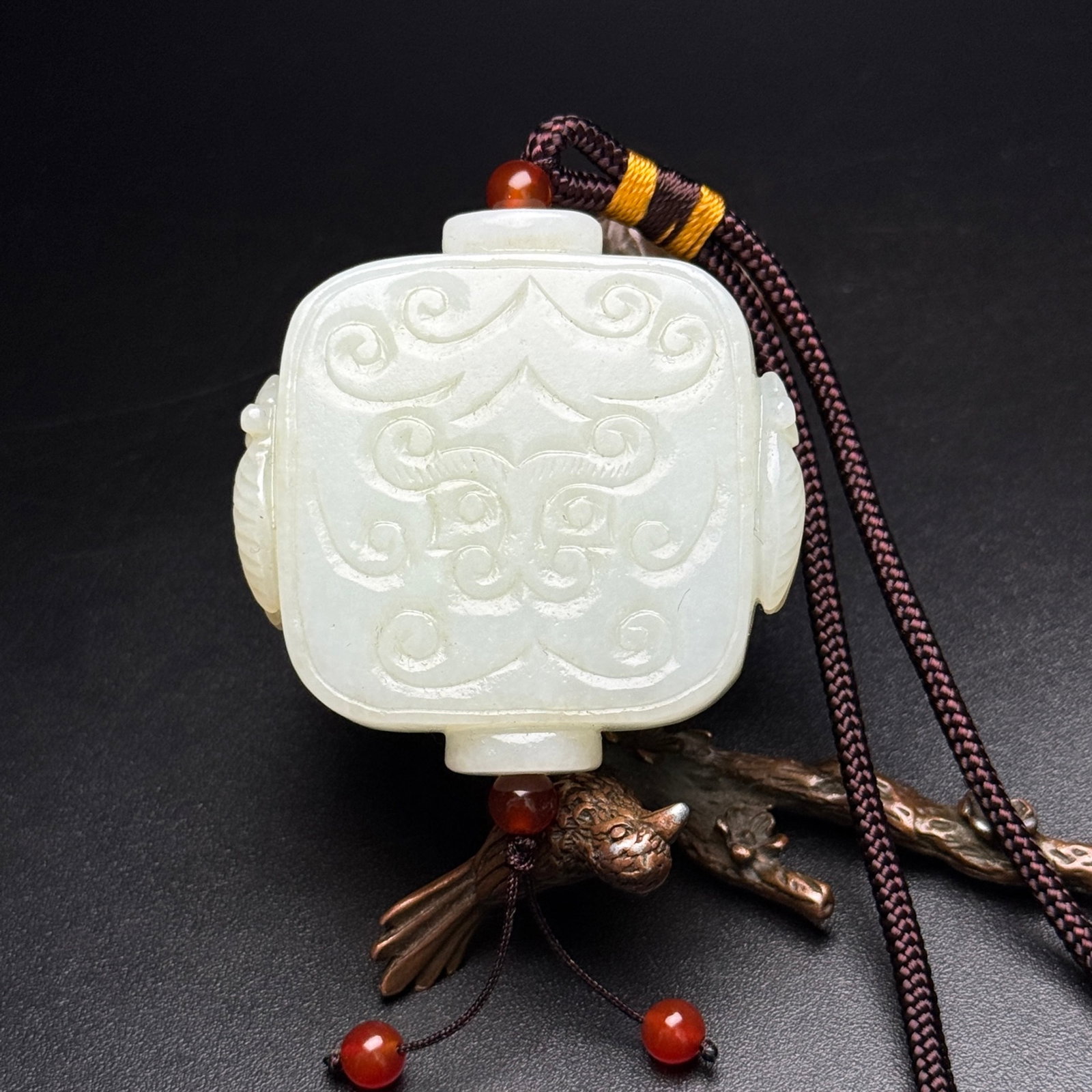 An Exquisite White Jade Beast-Face Pattern Pendant: An Exquisite White Jade Beast-Face Pattern Pendant,Qing Dynasty,China,Size:2.1inx2inx0.6in,Weight:82g 白玉兽面纹佩,中国清代