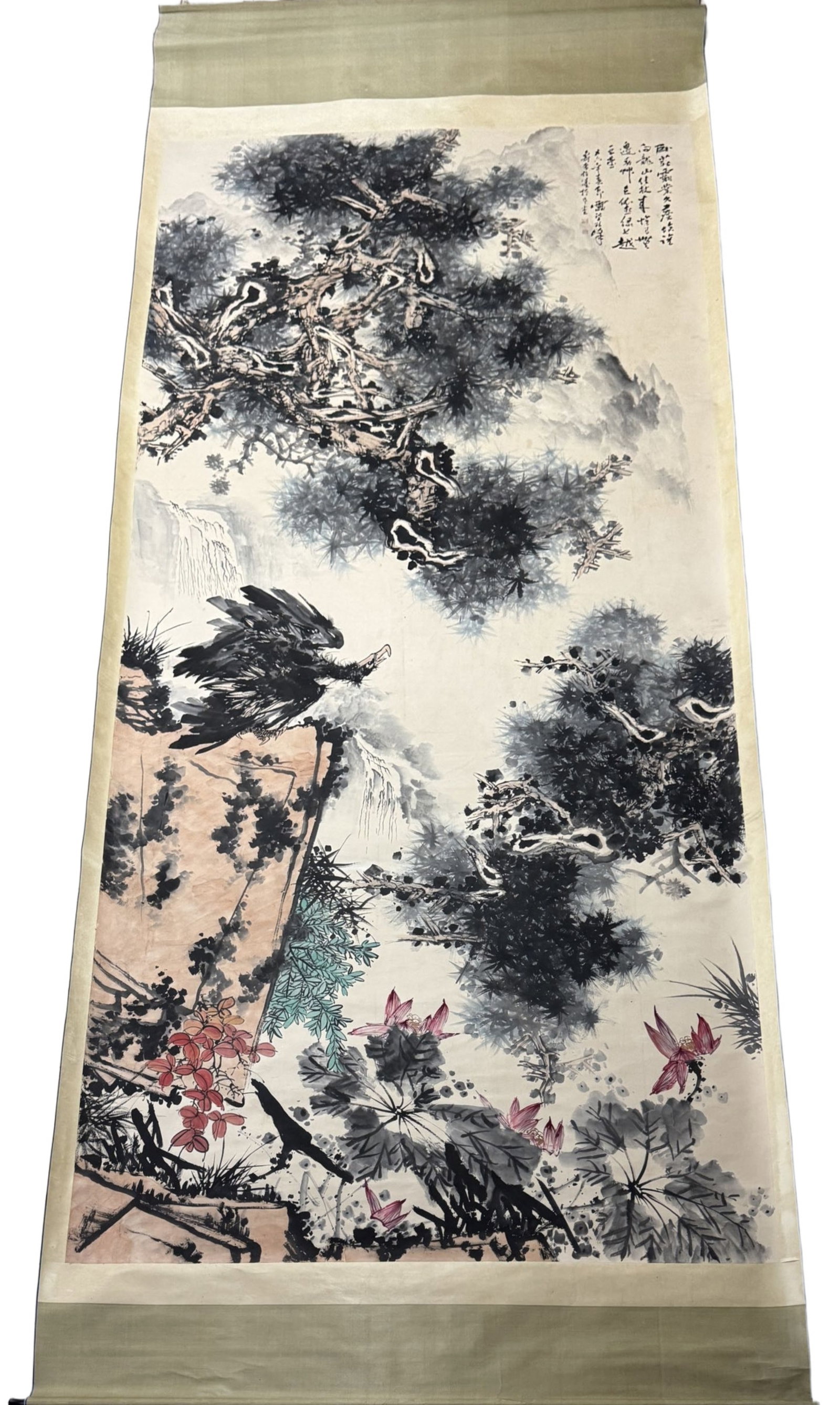 A Chinese Vertical Scroll Ink Painting of Pine and Eagle on Paper: A Chinese Vertical Scroll Ink Painting of Pine and Eagle on Paper,Pan Tianshou,Size:78.7inx196.8in 一幅中国水墨松鹰画立轴,潘