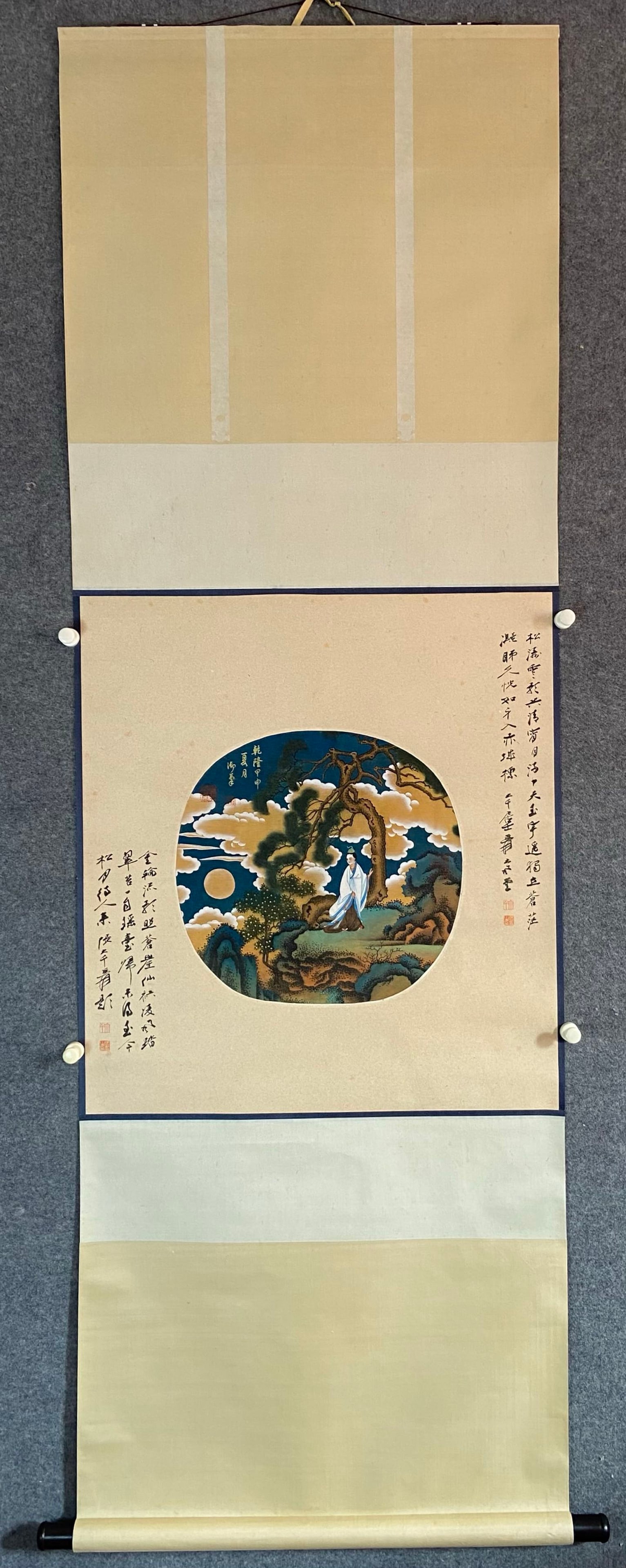 A Chinese Vertical Scroll Ink Painting of Landscape and Figure on Silk: A Chinese Vertical Scroll Ink Painting of Landscape and Figure on Silk,Qianlong,Size:15.7inx15in 一幅中国水墨绢本山水人物画