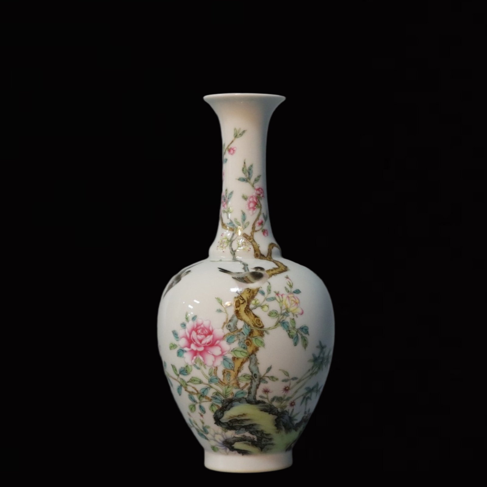 An Exquisite Famille-Rose Flower and Bird Pattern Vase,with poem: An Exquisite Famille-Rose Flower and Bird Pattern Vase,with poem,Qing Dynasty,China,Yongzheng Six-character Mark,Size:9.1inx3.9in