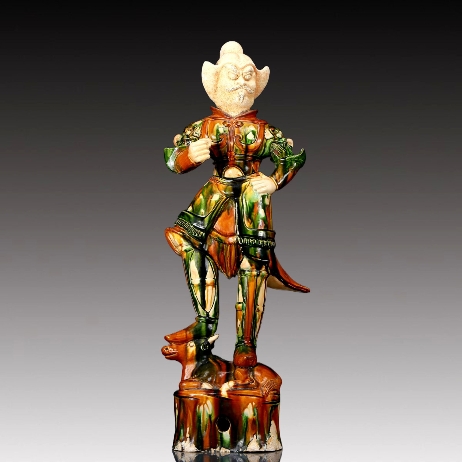 A Rare Tang Tri-Color Glazed Pottery Statue of Heavenly King: A Rare Tang Tri-Color Glazed Pottery Statue of Heavenly King,Minor Damage , Tang Dynasty, China,Chinese Tang Tri-colored Pottery, or Tang Sancai, flourished during the Tang Dynasty (618–907 AD).
