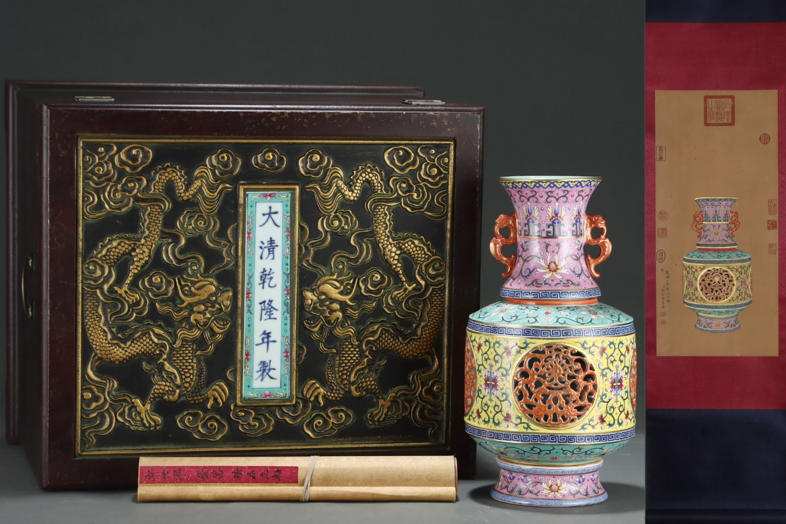 A Huge Enamel Painted Gold Lotus Pattern Double-Ears Vase,with Chinese Vertical Scroll Ink Painting: A Huge Enamel Painted Gold Lotus Pattern Double-Ears Vase,with Chinese Vertical Scroll Ink Painting on Silk,Qing Dynasty,China,Qianlong Six-character Mark,Size:(Without