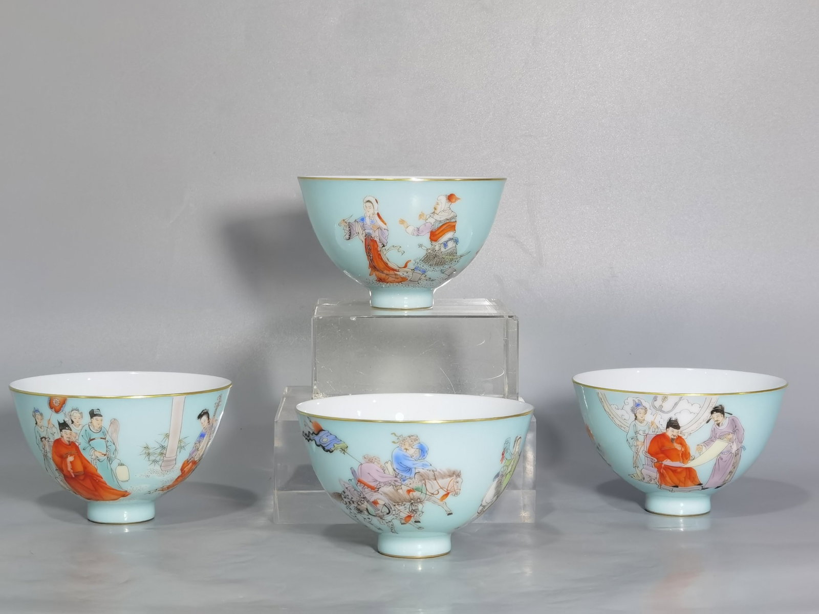 A Set of Fine Turquoise Glazed Famille-Rose Character and Story Pattern Bowls: A Set of Fine Turquoise Glazed Famille-Rose Character and Story Pattern Bowl,Qing Dynasty,China,Qianlong Four-character Mark,Size:3.3inx2in