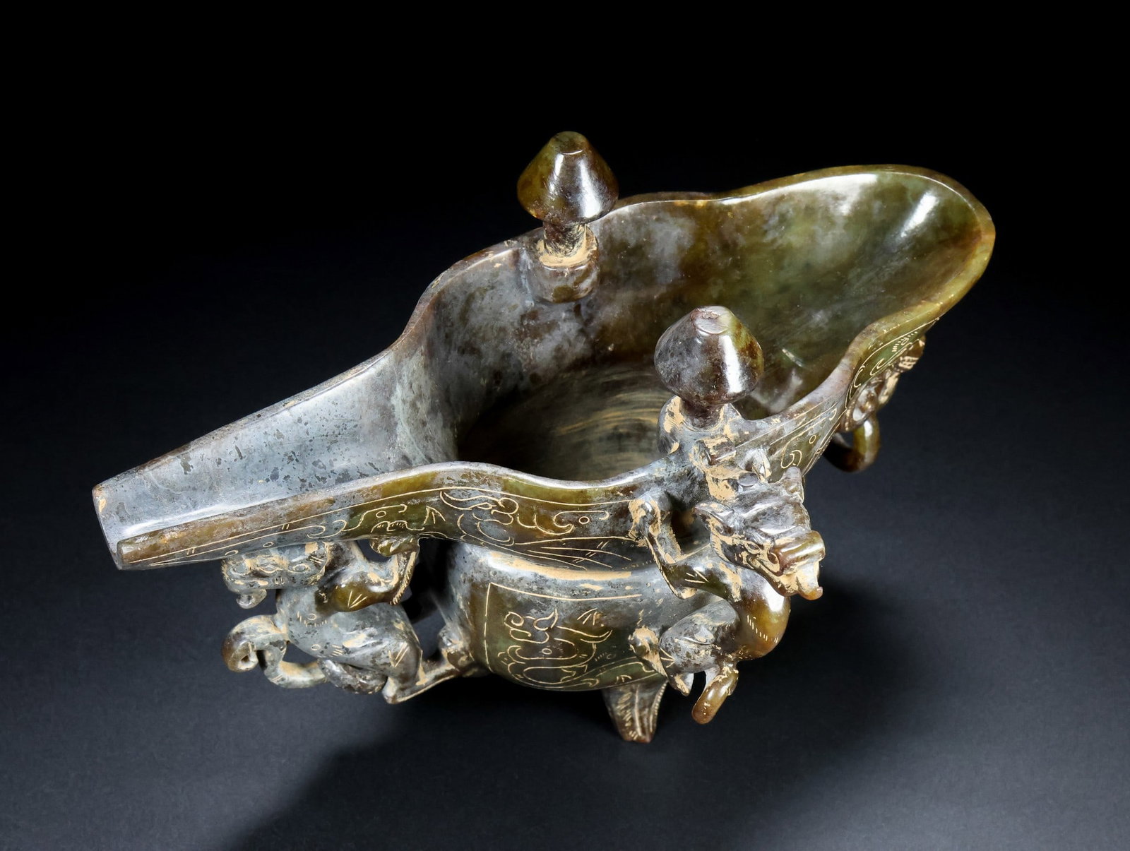 An Exquisite White Jade Dragon and Phoenix Pattern Double-Ears and Tripod Libation Cup (1 of 9)
