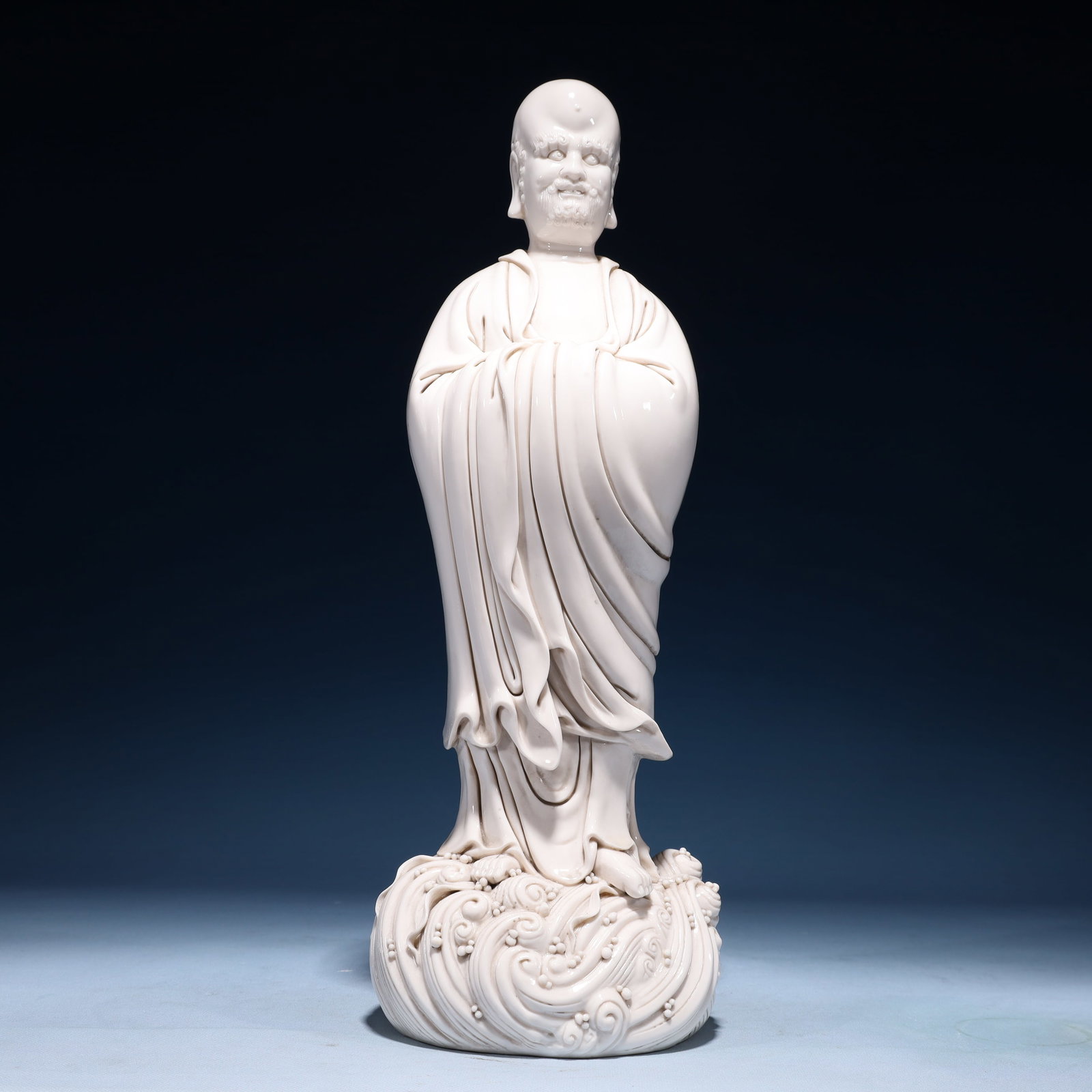 A Solemn Blance-De-Chine Statue of Dharma: A Solemn Blance-De-Chine Statue of Dharma Blance-De-Chine Statue of Dharma,Ming Dynasty,China,He Chaozong Mark,Size:6.3inx5.9inx16.5in,Weight:3400g
