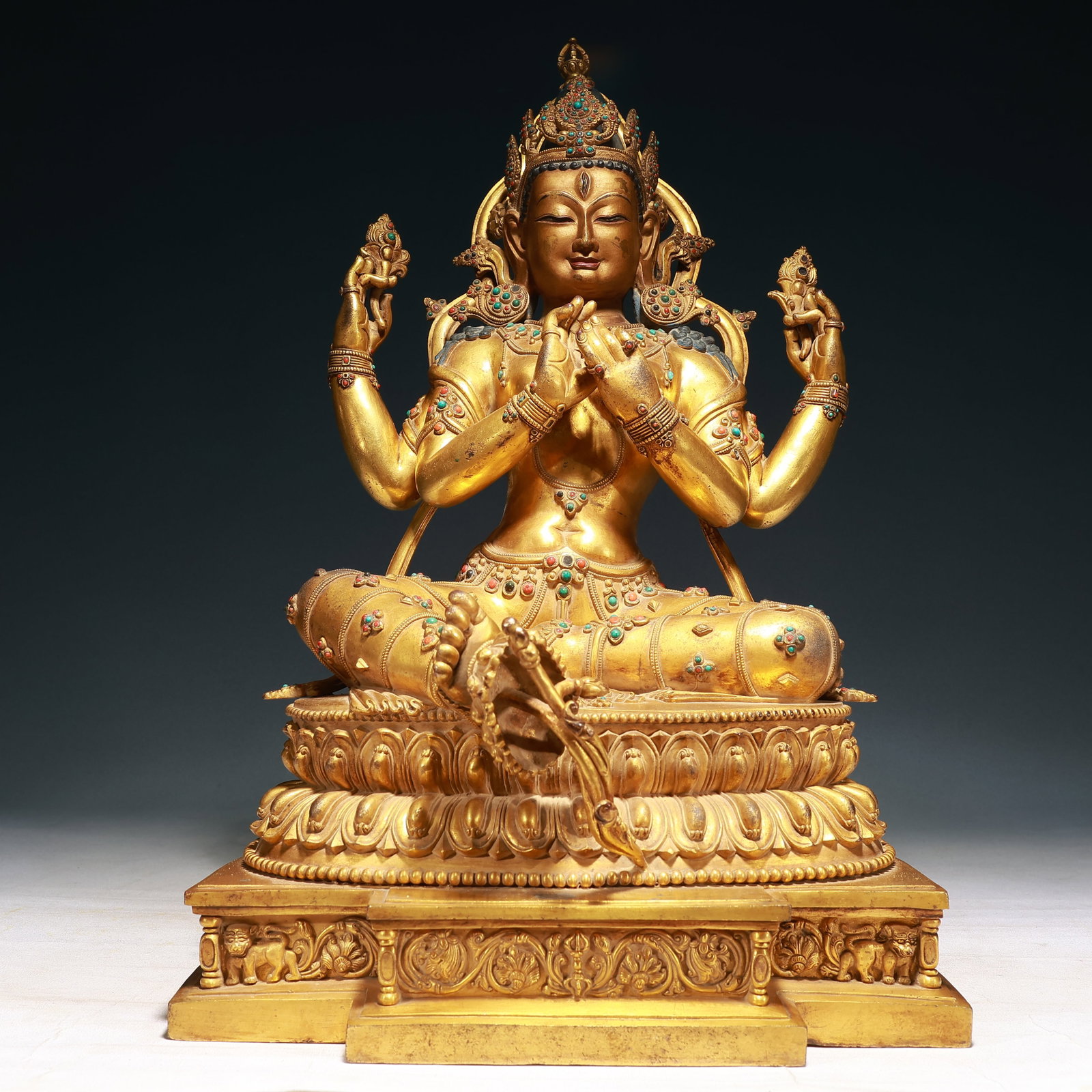 A Solemn Gilt Bronze Statue of Four-arms Avalokitesvara,With Inscription,Inlaid Turquoise: A Solemn Gilt Bronze Statue of Four-arms Avalokitesvara,With Inscription,Inlaid Turquoise,Qing Dynasty, China,Size:12.6inx10.6inx20.5in,Weight:20650g