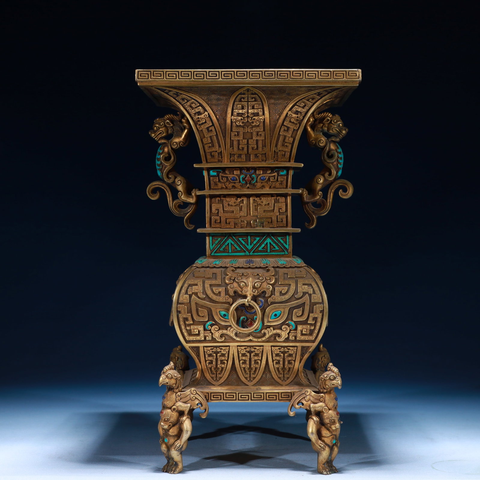 An Exquisite Gilt Bronze Beast-Ears four legs Vase,Inlaid Turquoise: An Exquisite Gilt Bronze Beast-Ears four legs Vase,Inlaid Turquoise,Qing Dynasty,China,Size:7.1inx13inx7.1in,Weight:4100g