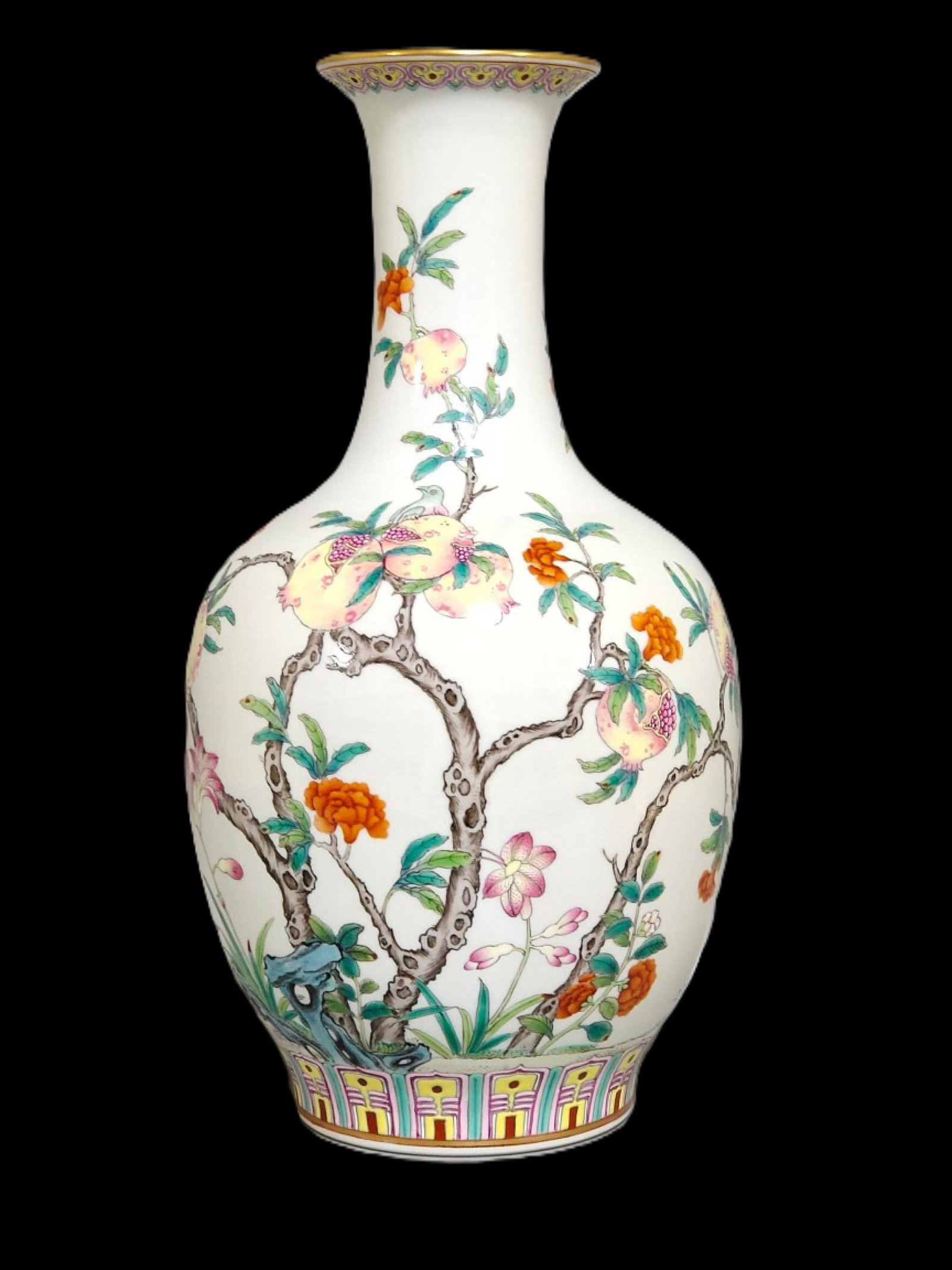 A Rare Famille-Rose Flower and Fruit Pattern Vase: A Rare Famille-Rose Flower and Fruit Pattern Vase,Qing Dynasty,China,Jiaqing Six-character Mark,Size:11.7inx6.1in