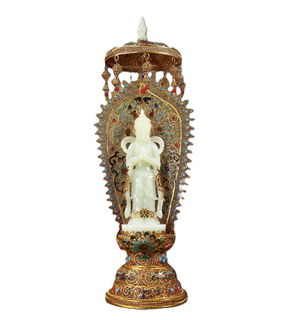 An Exquisite Filigree and Gilding Inlaid White Jade Statue of Bodhisattva,Inlaid Gems: An Exquisite Filigree and Gilding Inlaid White Jade Statue of Bodhisattva,Inlaid Gems,Qing Dynasty,China,Qianlong Four-character Mark,Size:16.5inx5.5inx4.5in,Weight:1226g