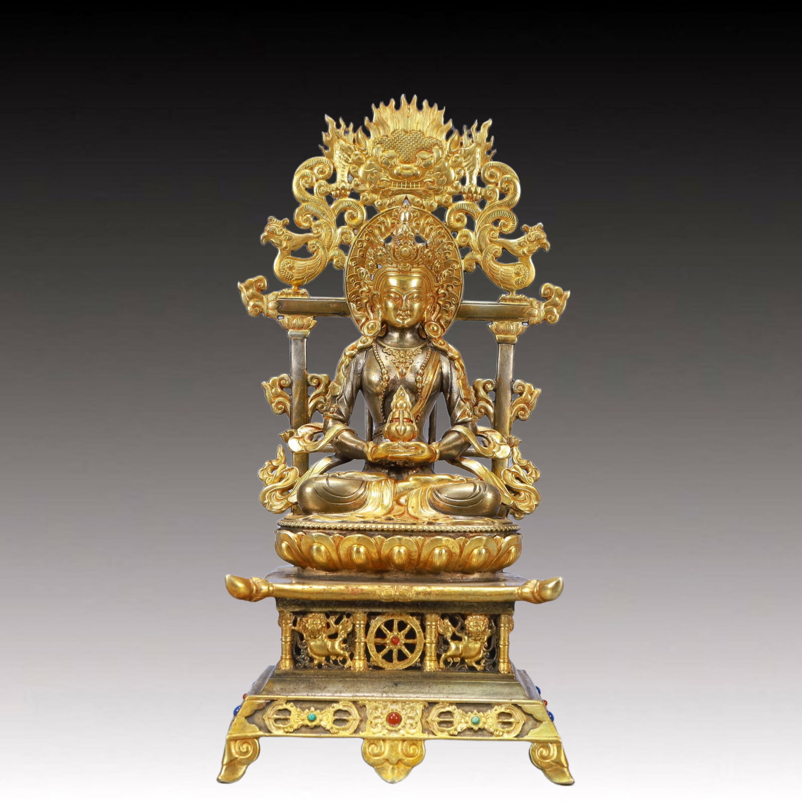 A Rare Gilt Silver Statue of Amitayus,Inlaid Turquoise: A Rare Gilt Silver Statue of Amitayus,Inlaid Turquoise,Ming Dynasty, China,Yongle Six-character Mark,Size:5.5inx4.1inx11.8in,Weight:1600g
