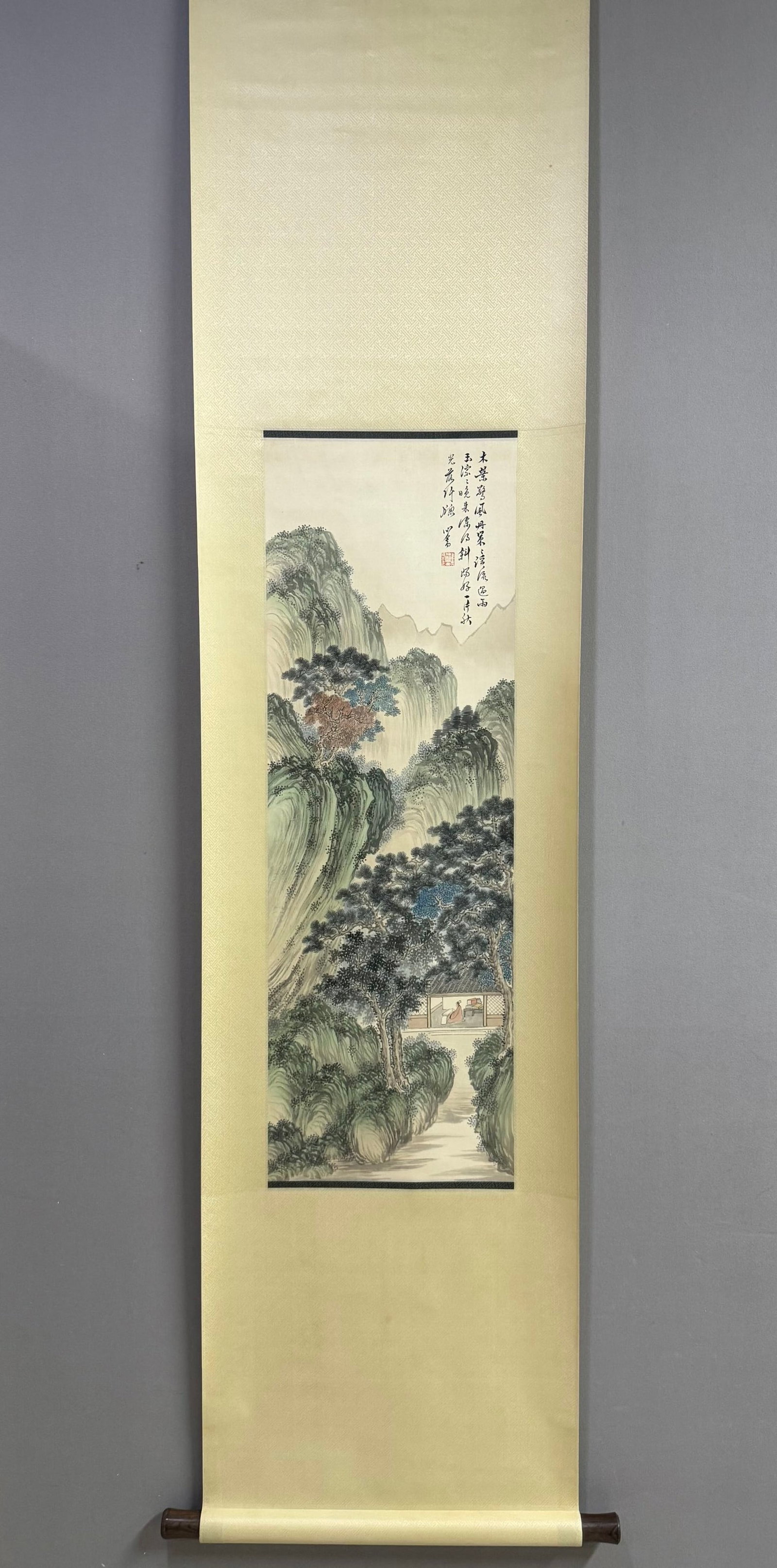 A Chinese Vertical Scroll Ink Painting of Landscape on Silk: A Chinese Vertical Scroll Ink Painting of Landscape on Silk,Pu Ru,Size:37.4inx12.6in