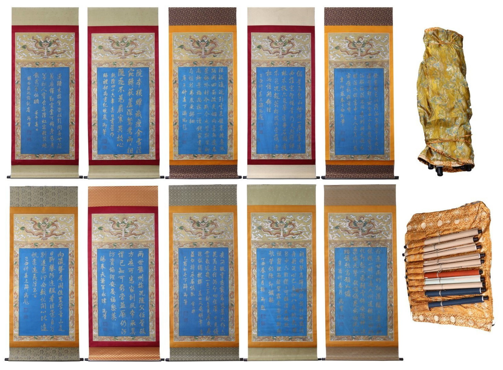 A Set of Chinese Vertical Scroll Ink Calligraphy on Paper: A Set of Chinese Vertical Scroll Ink Calligraphy on Paper,Qianlong,Size:33.9inx71.3in 一套中国水墨书法立轴,乾隆