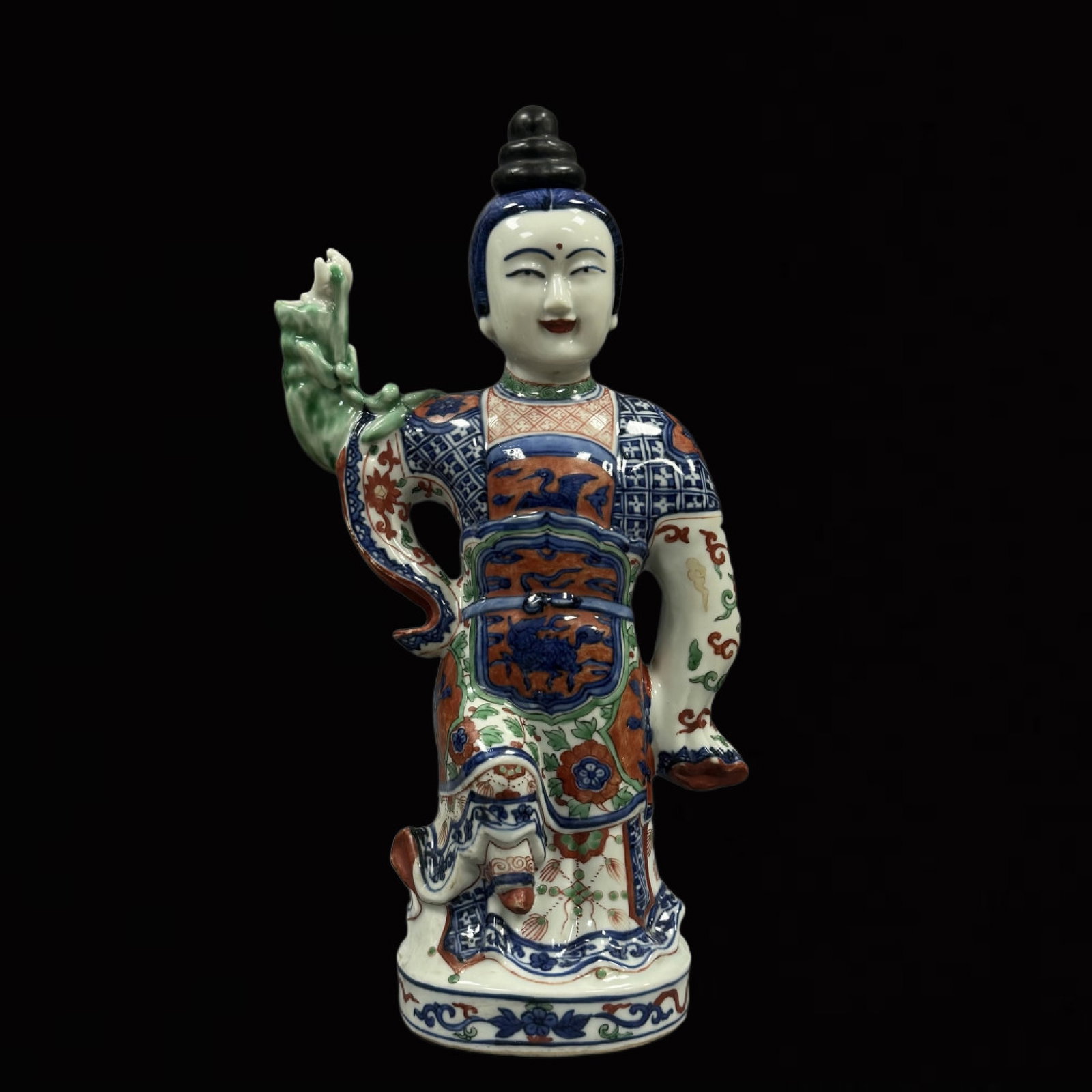 A Rare Blue and White Wucai Lotus Pattern Figure Ornament: A Rare Blue and White Wucai Lotus Pattern Figure Ornament,Ming Dynasty,China,Wanli Six-character Mark,Size:12.6inx5.9in