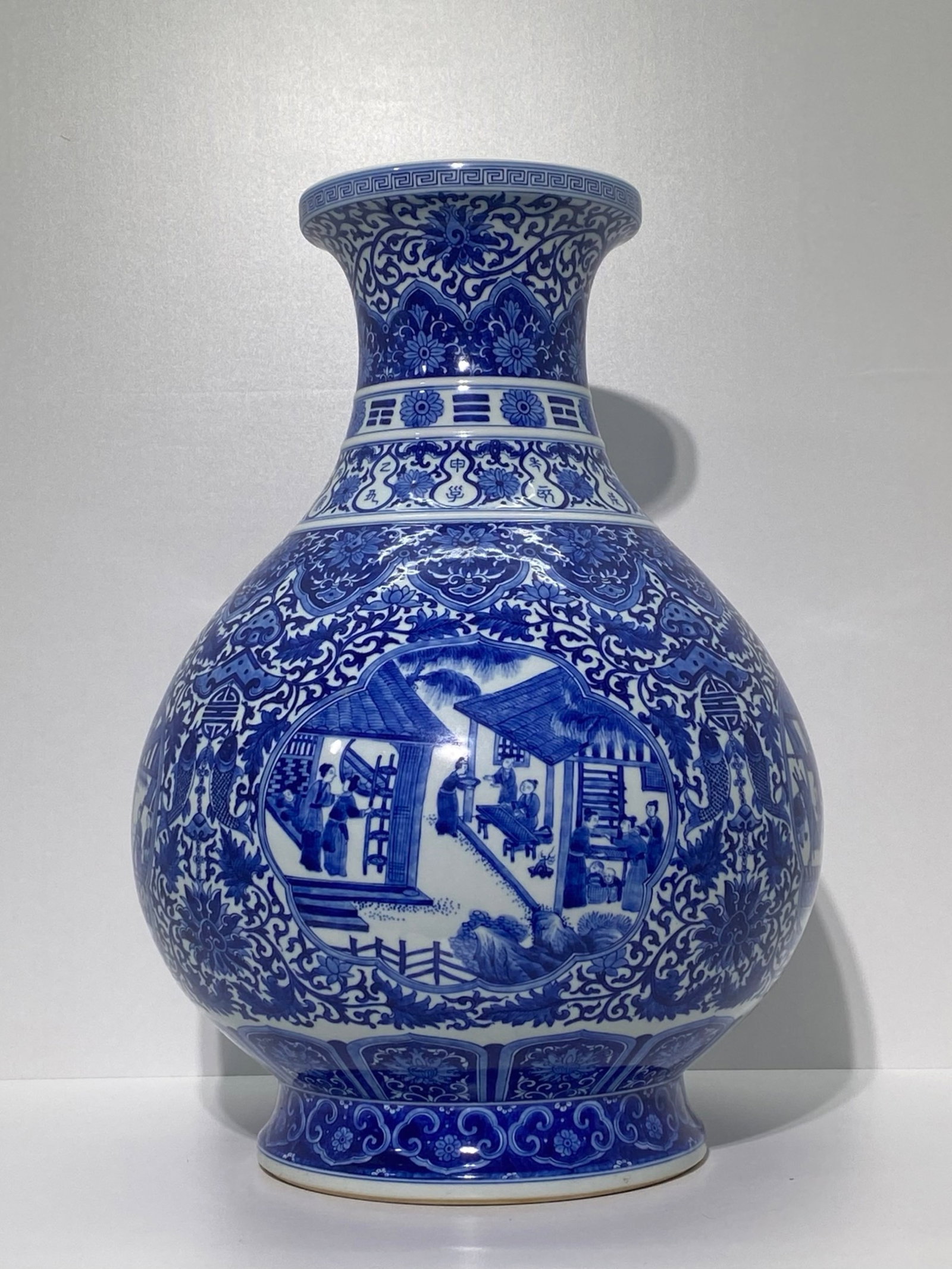 A Huge Blue and White Flower Figure Pattern Pot: A Huge Blue and White Flower Figure Pattern Pot,Qing Dynasty,China,Qianlong Six-character Mark,Size:20.9inx14.6in