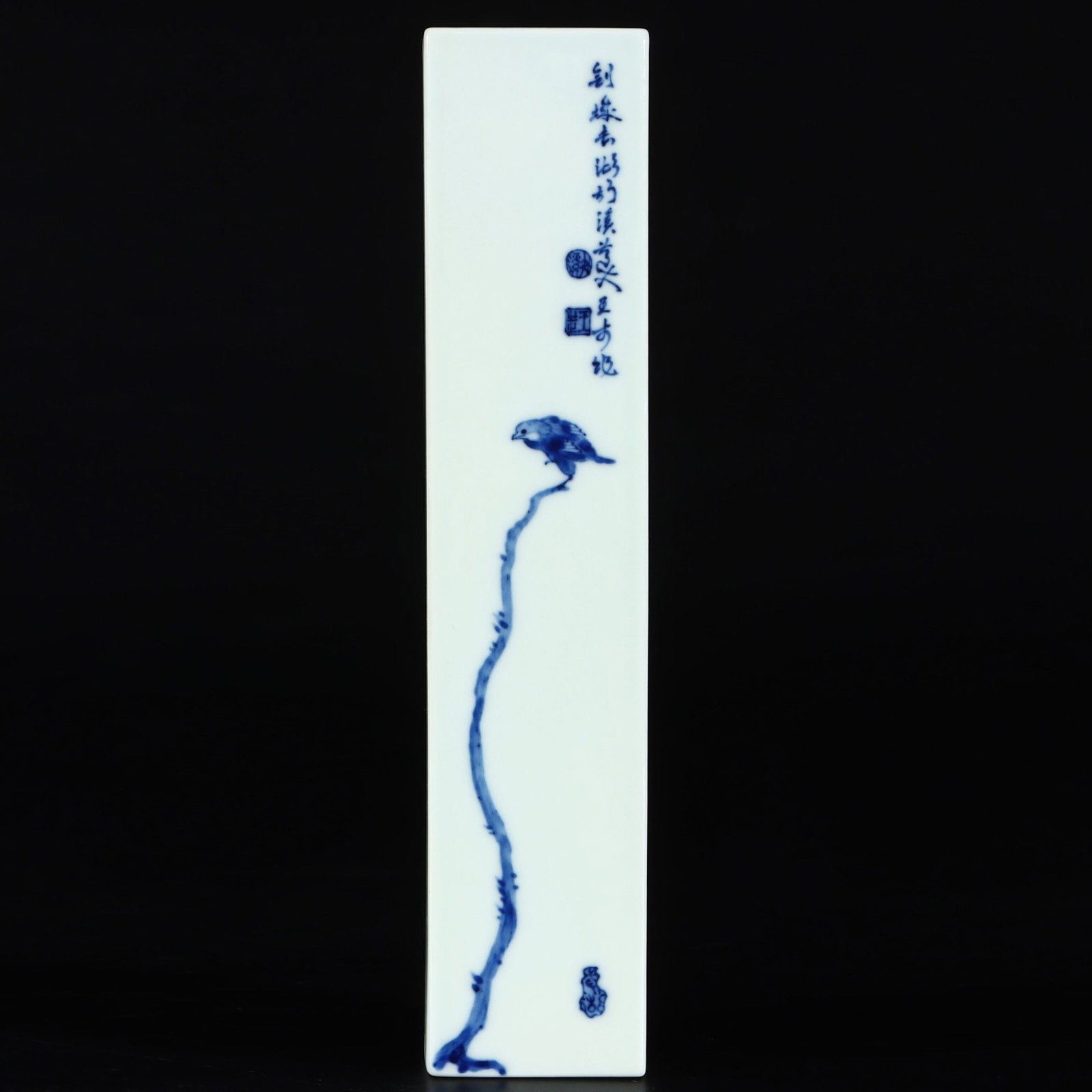 An Exquisite Blue and White Bird Pattern Ornament,with poem: An Exquisite Blue and White Bird Pattern Ornament,with poem,the Republic of China,Size:9.3inx2inx0.9in