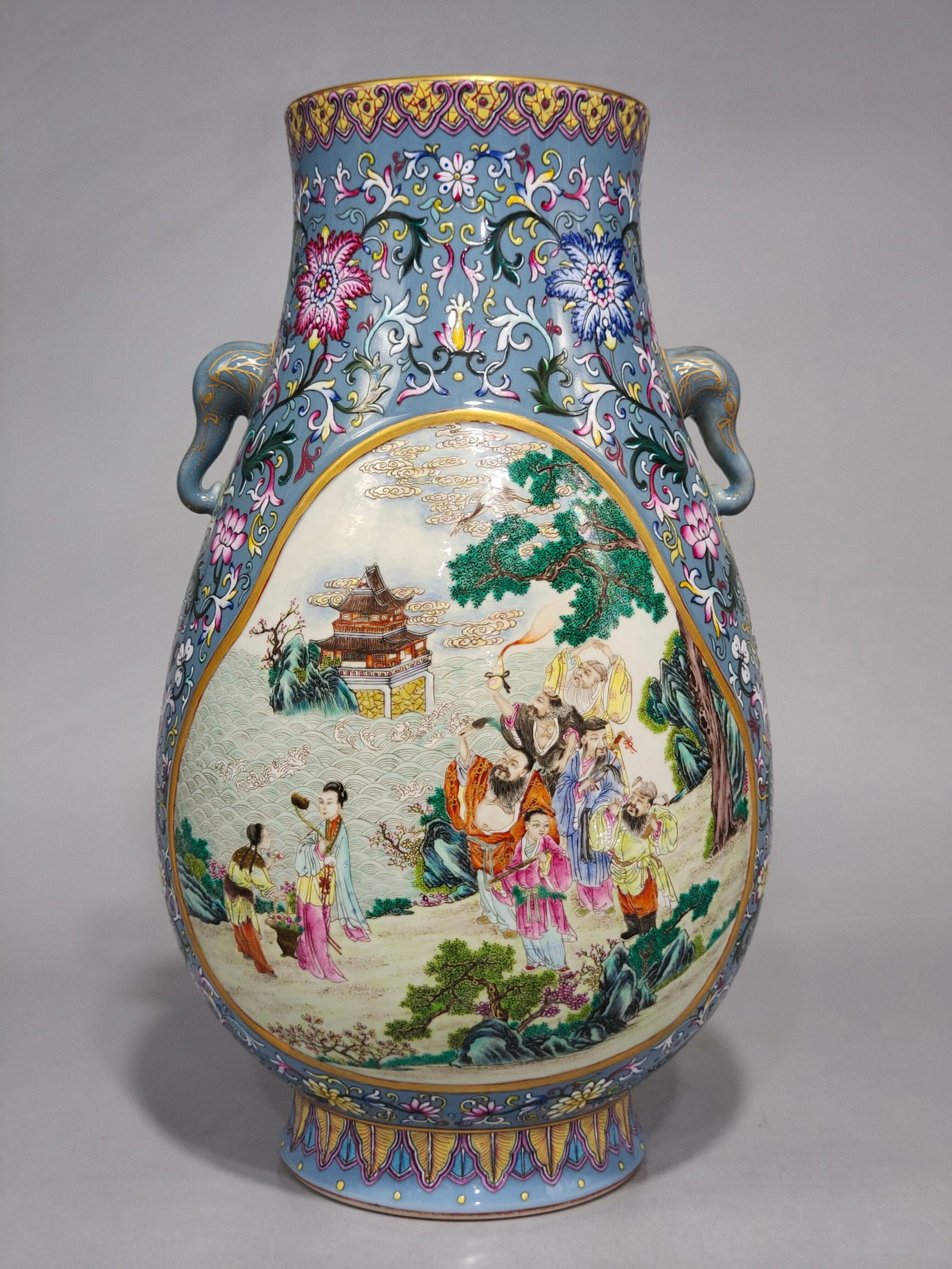 A Rare Sky Blue Glazed Lotus and Figure Pattern Elephant-Ears Vase,with poem: A Rare Sky Blue Glazed Lotus and Figure Pattern Elephant-Ears Vase,with poem,Qing Dynasty,China,Qianlong Six-character Mark,Size:15inx8.3in