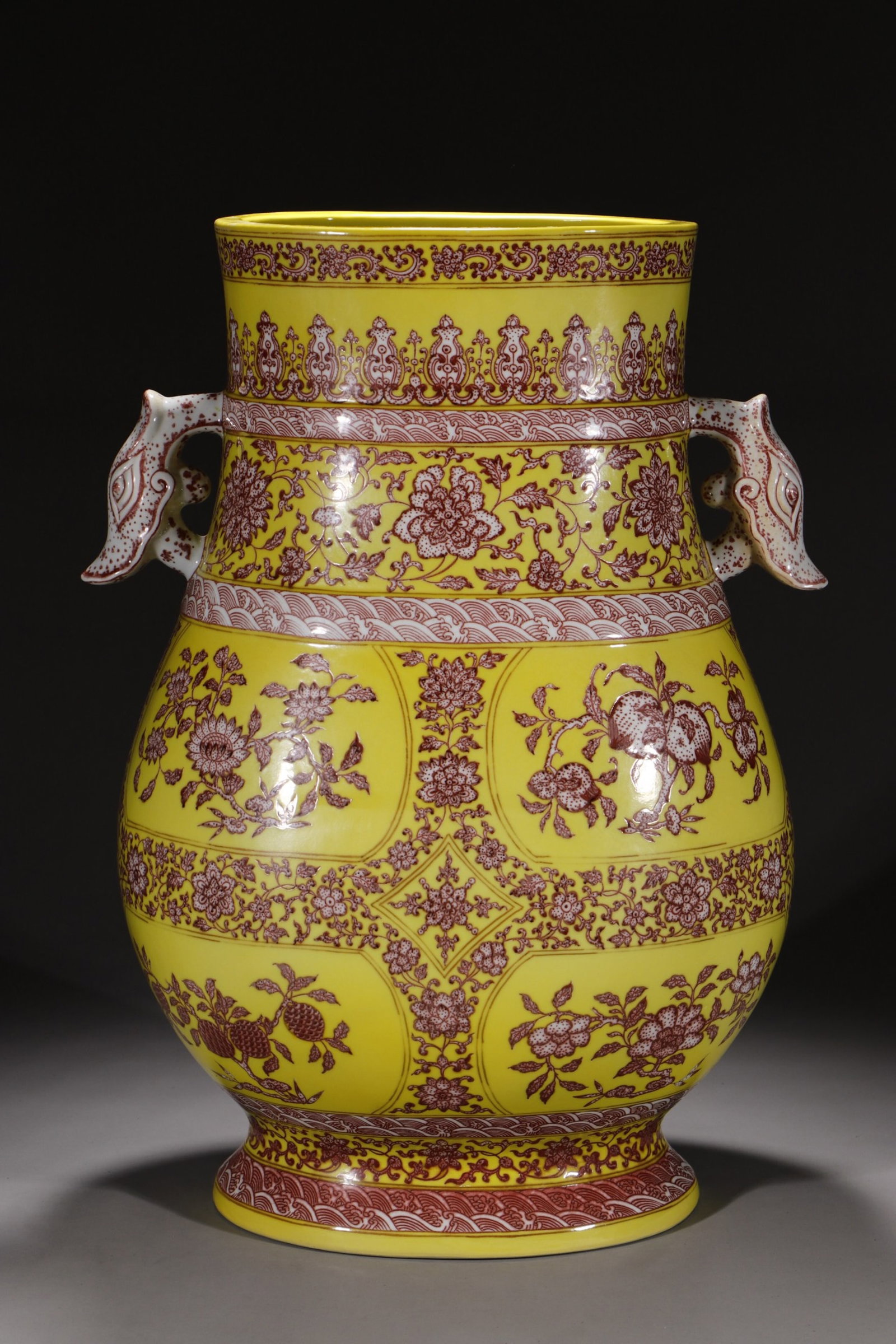 A Huge Yellow Ground Underglaze-Red Lotus Pattern Beast-Ears Vase: A Huge Yellow Ground Underglaze-Red Lotus Pattern Beast-Ears Vase,Qing Dynasty,China,Qianlong Six-character Mark,Size:21.5in